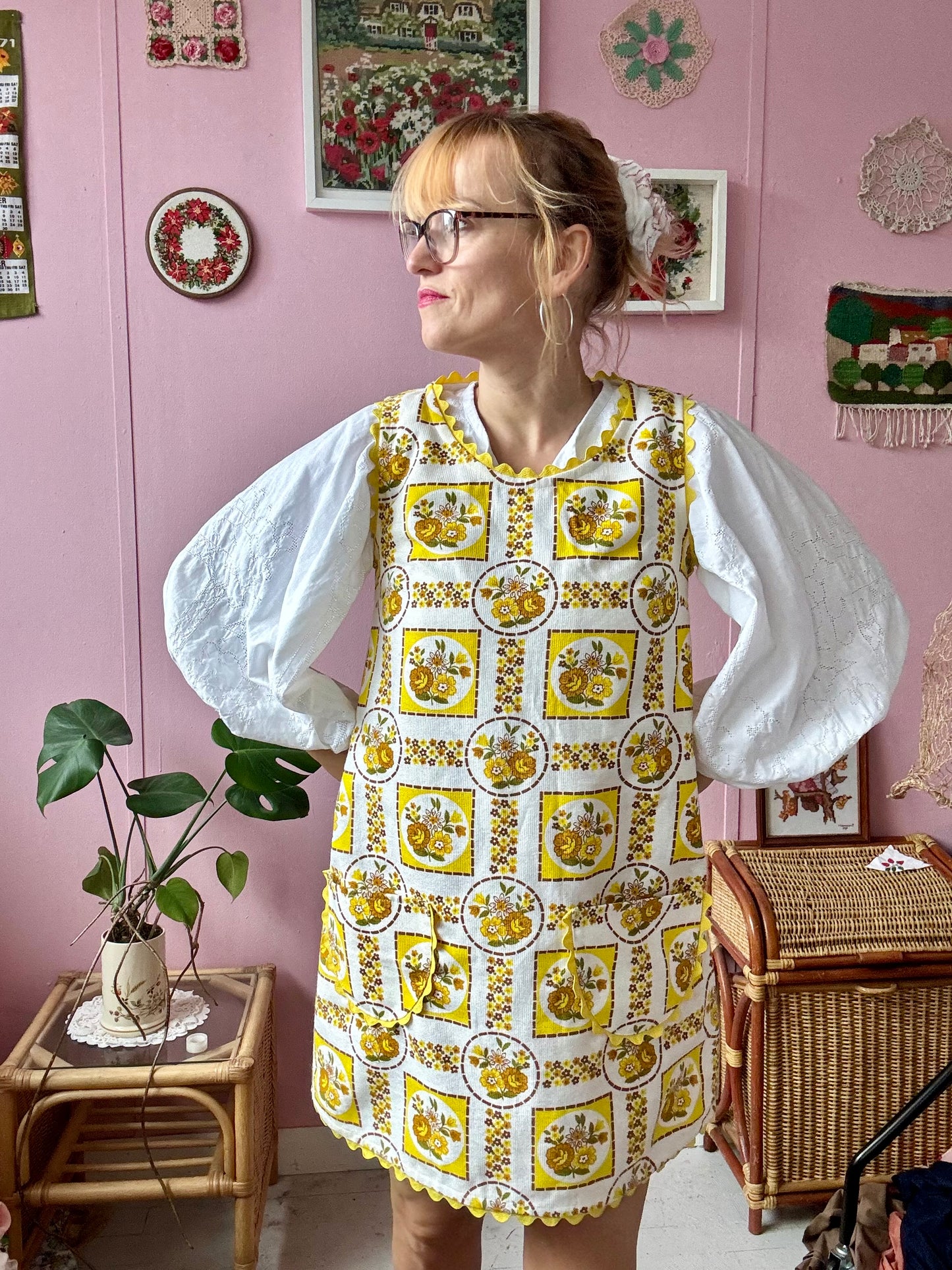 Yellow and brown mini dress with ric rac