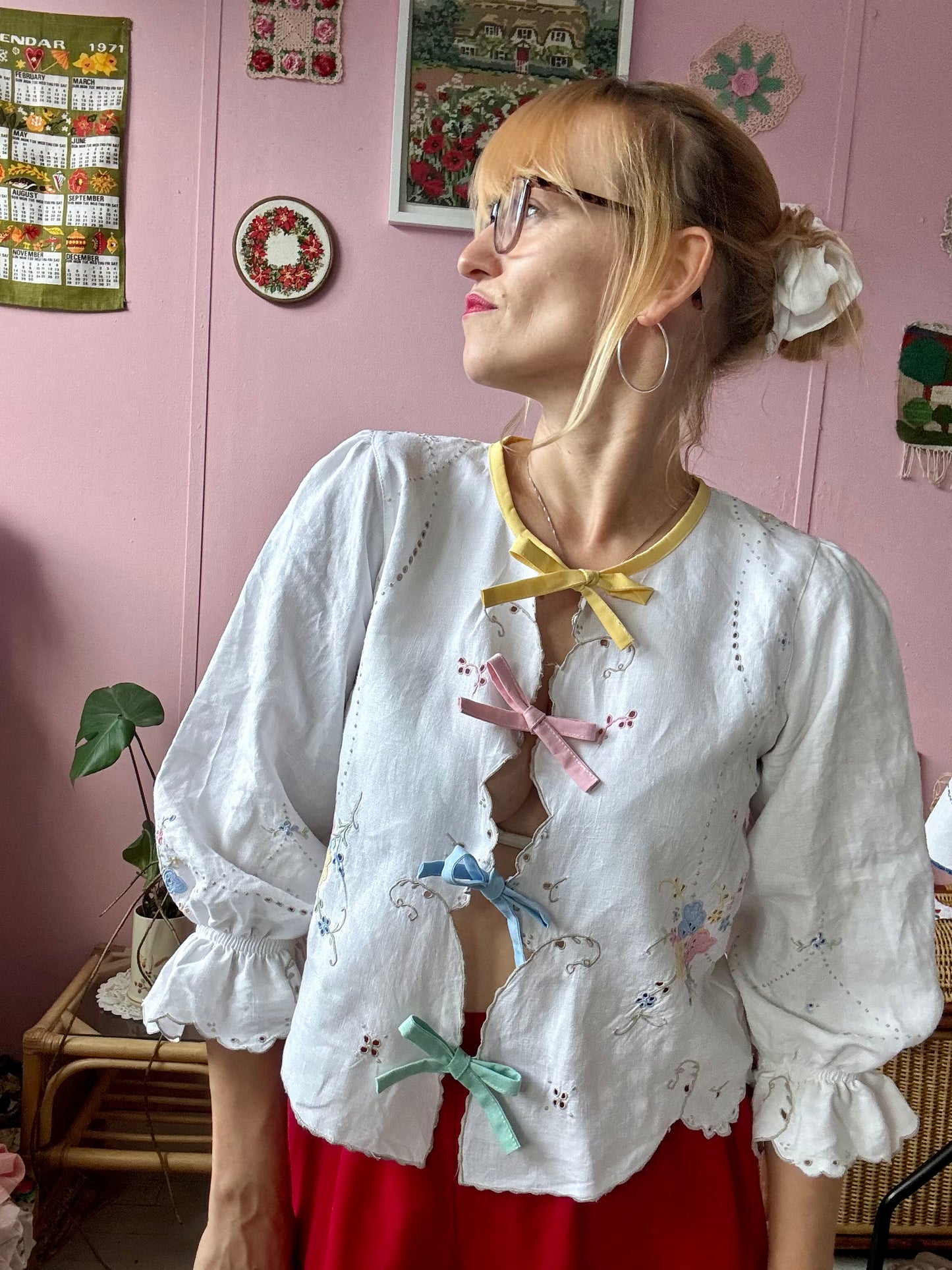 Light linen blouse with Madeira embroidery and rainbow bows