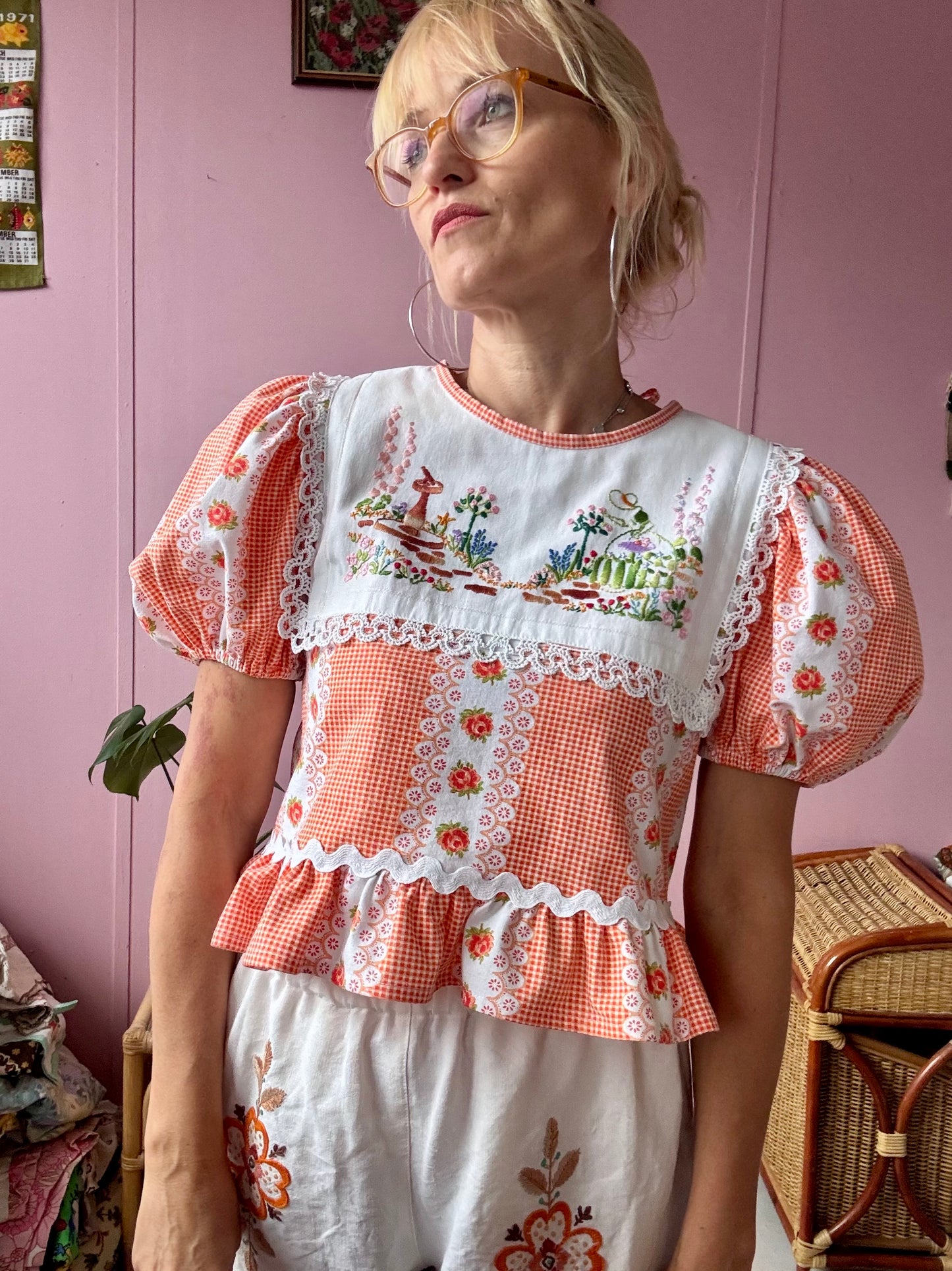 Orange gingham/floral blouse