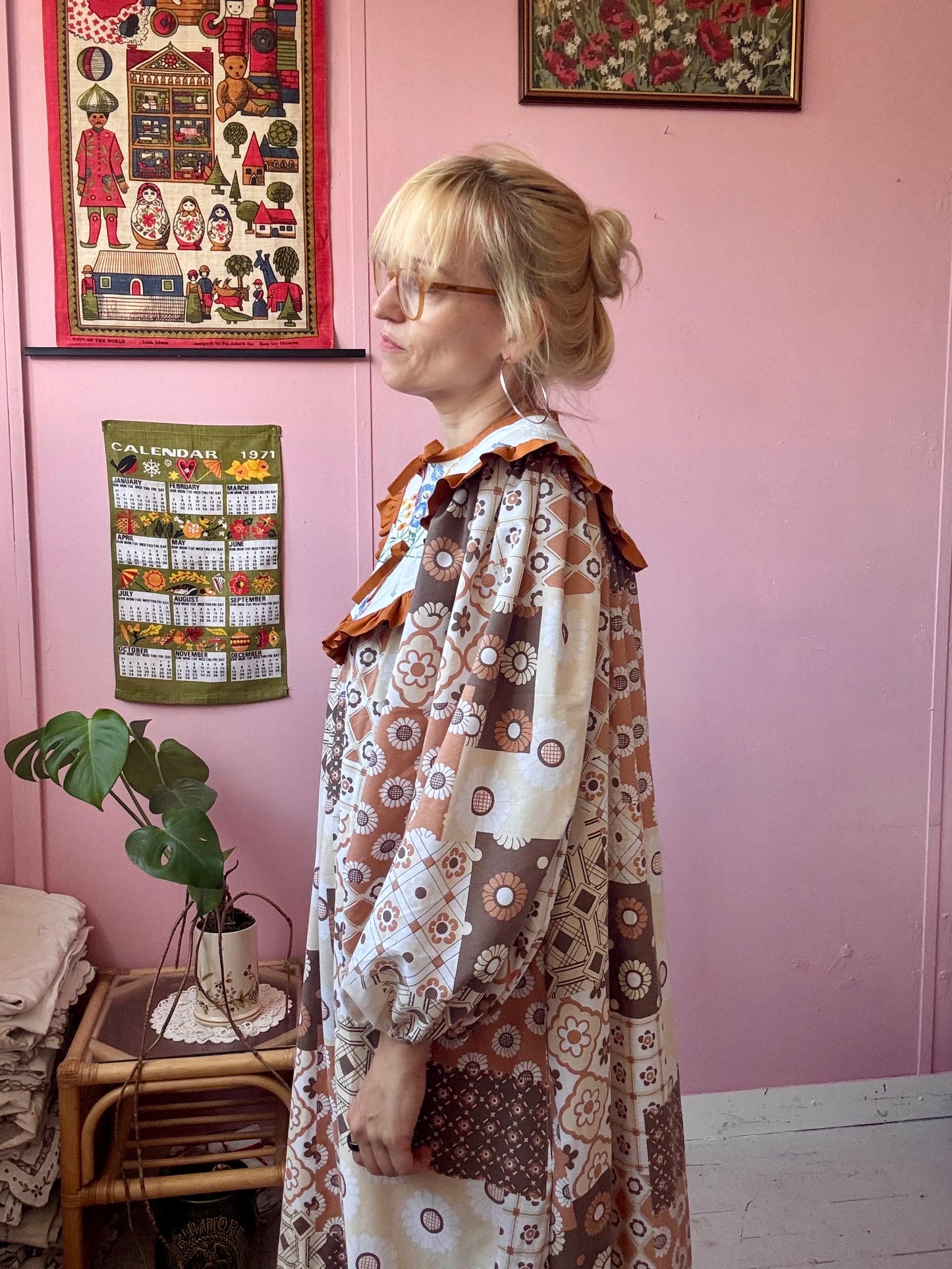 Brown maxi dress with embroidery yoke