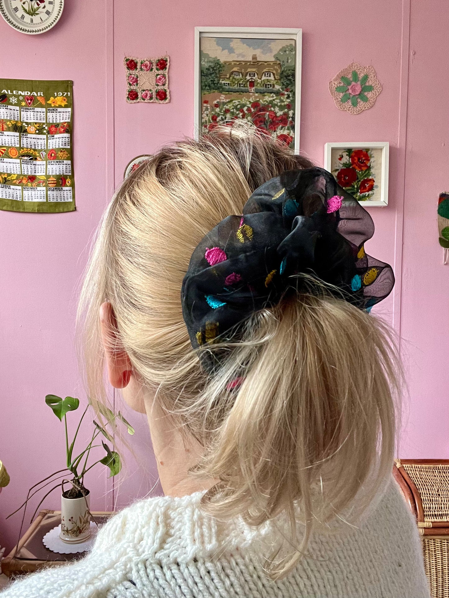 Black chiffon scrunchie with embroidery dots