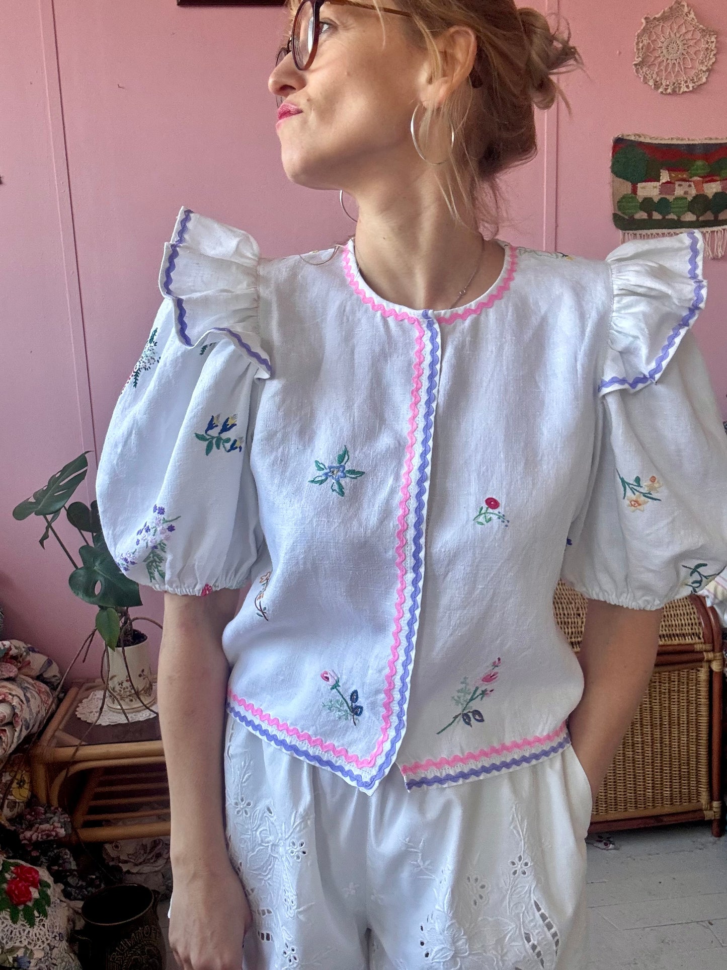 Linen blouse with pink and lilac ric rac