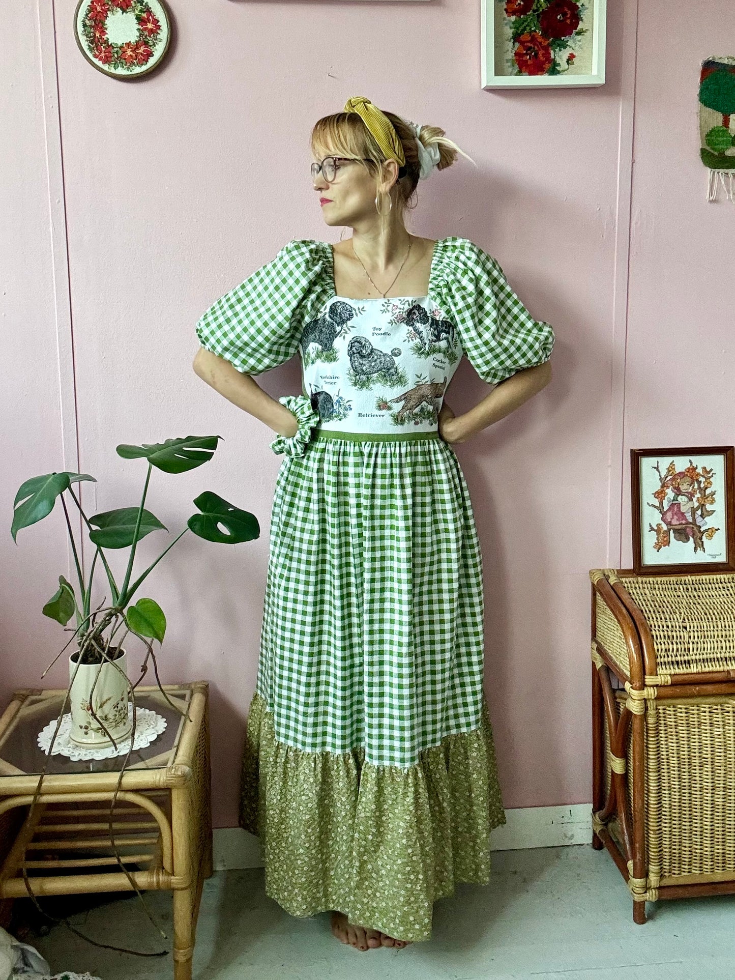 Teatowel with dogs and green gingham maxi dress