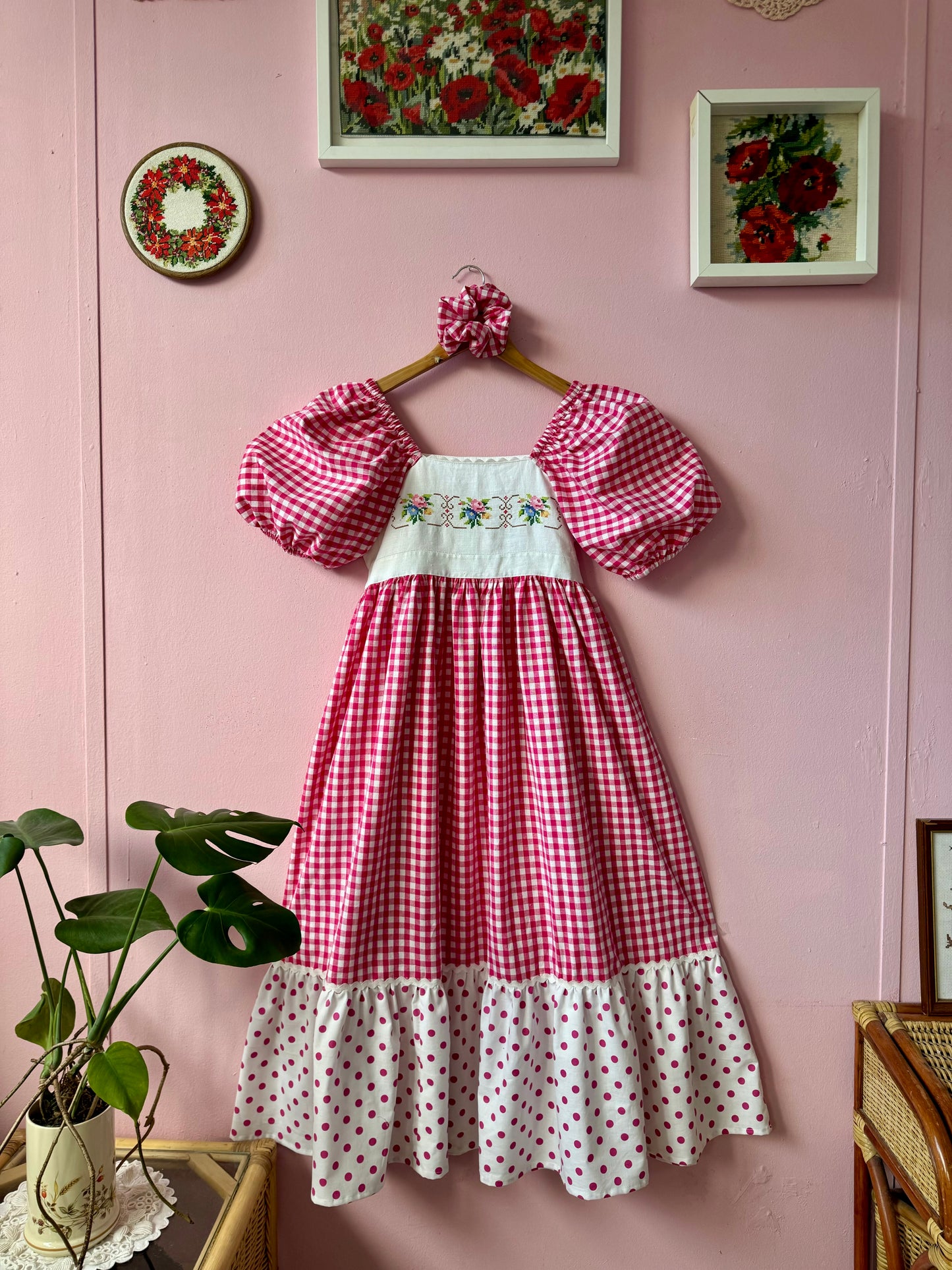 Pink gingham and embroidery dress