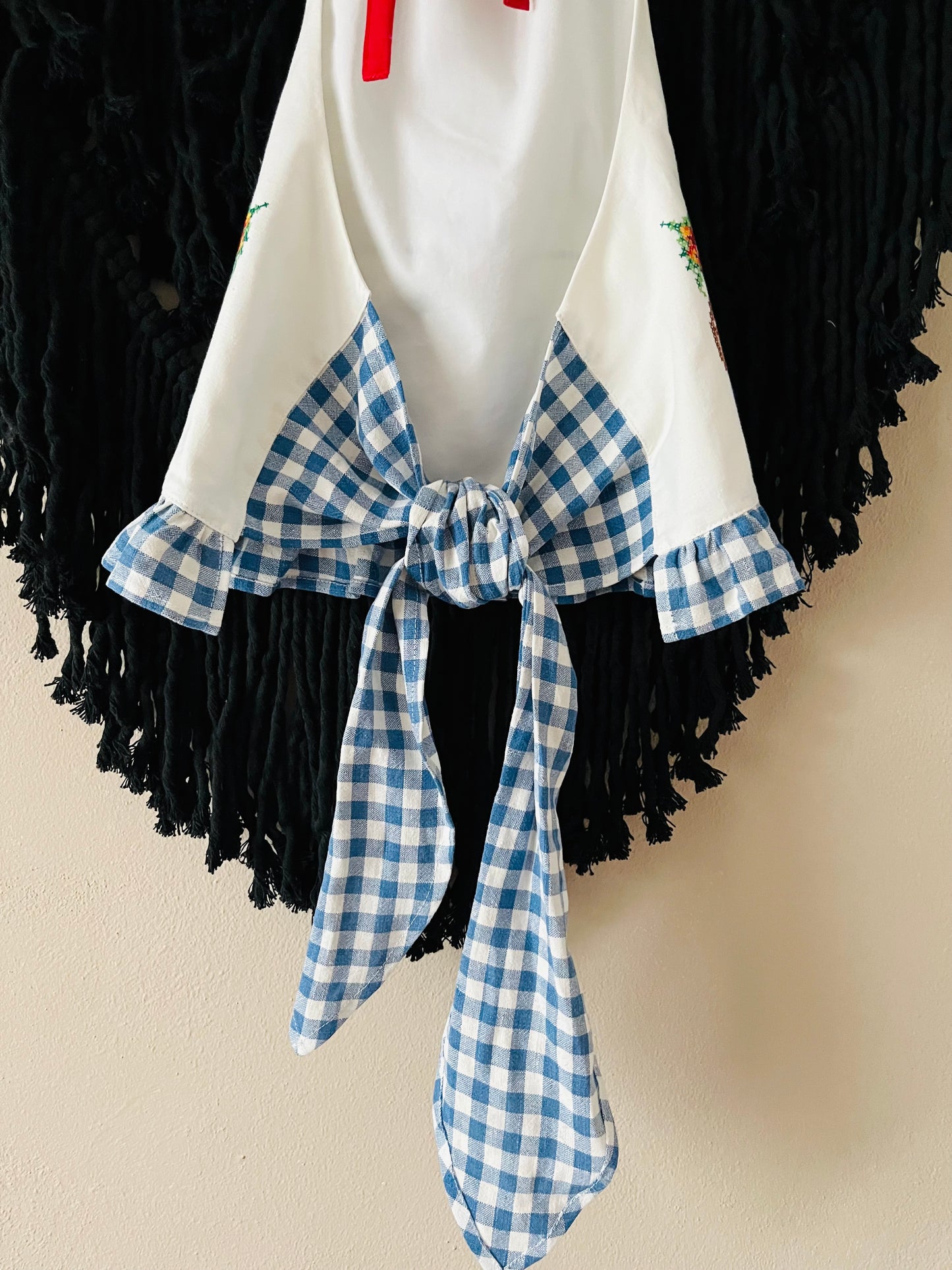 Cross stitch halter neck top with blue gingham back straps and frill