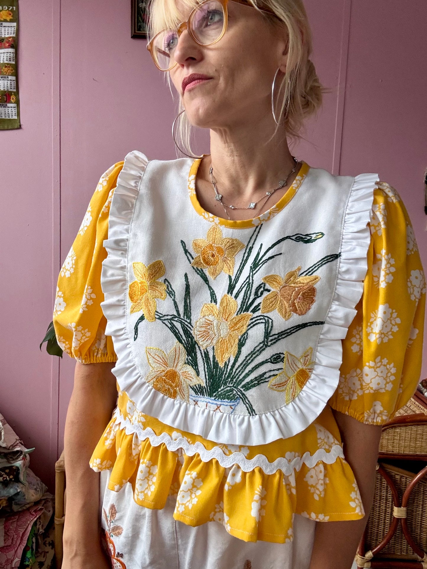 Yellow floral blouse with frills