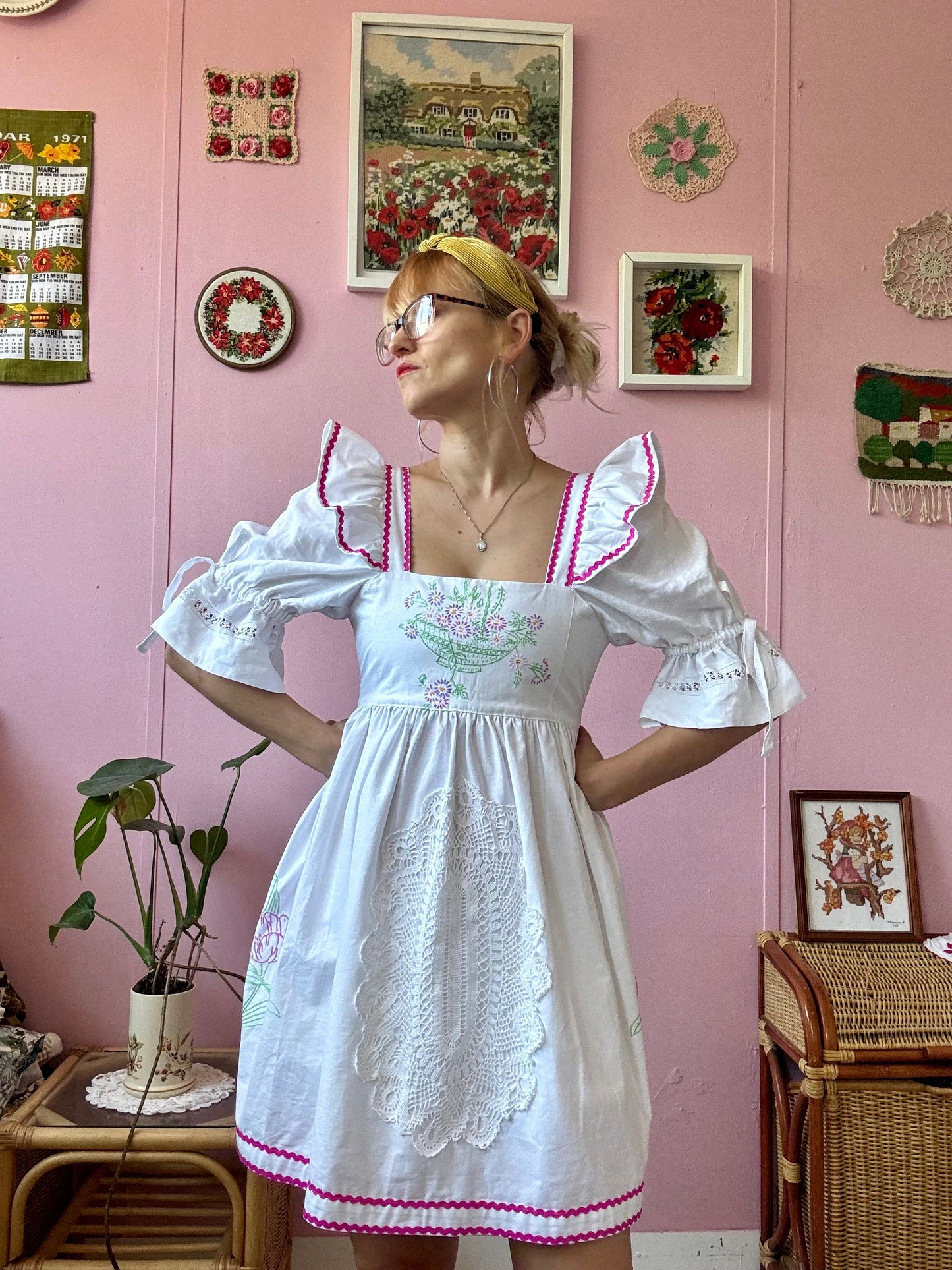 White dress with lace,pink roses and ric rac