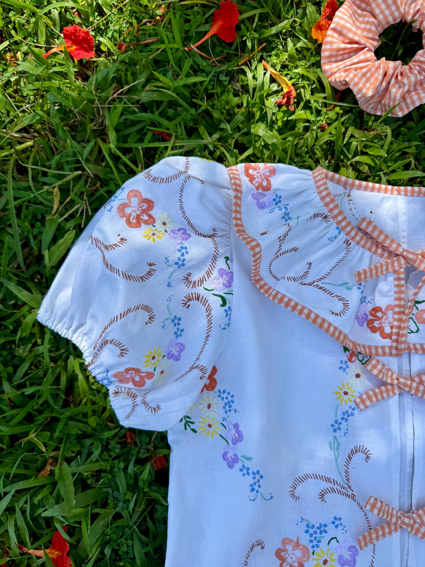 Floral blouse with orange gingham