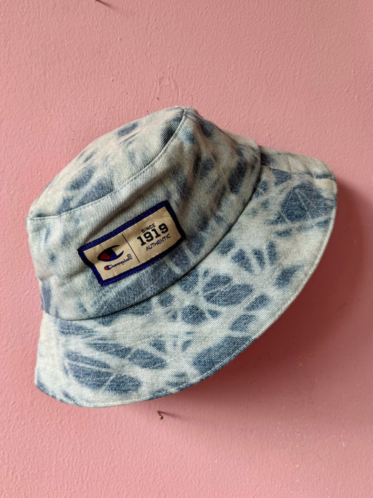 Reversible denim and pink print bucket hat