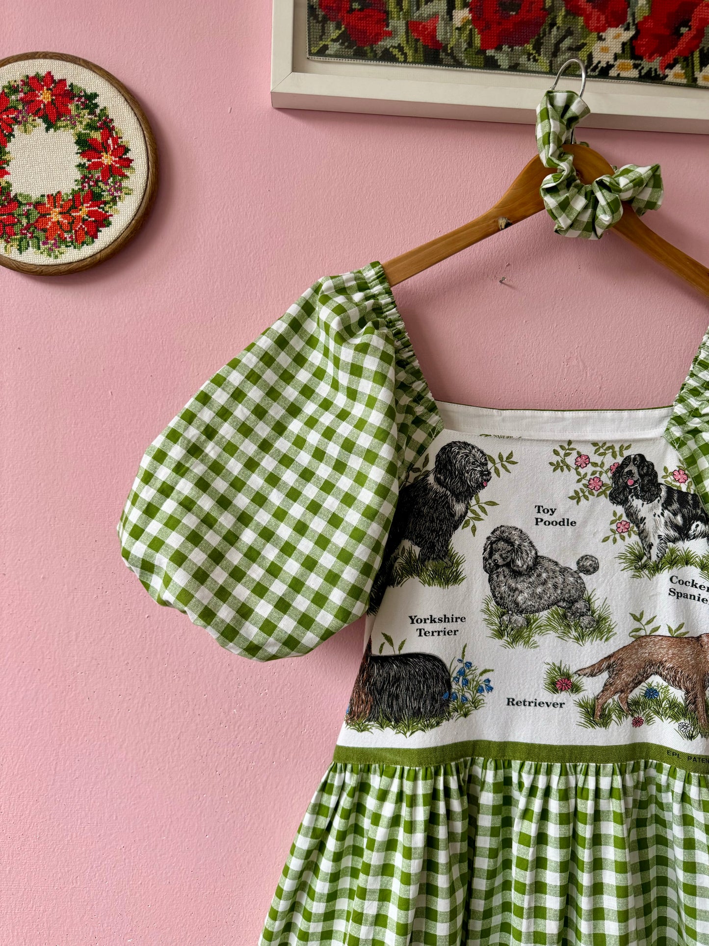 Teatowel with dogs and green gingham maxi dress