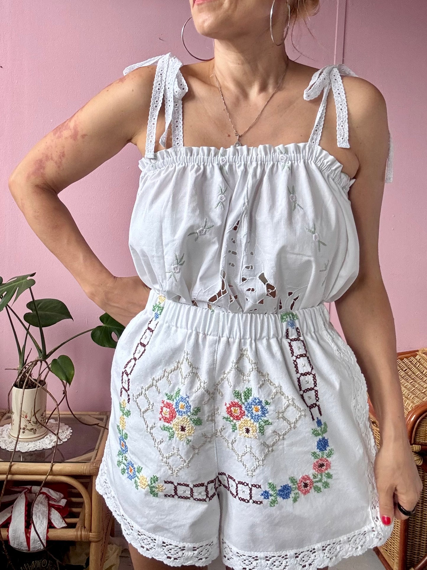 Cross stitching and lace shorts