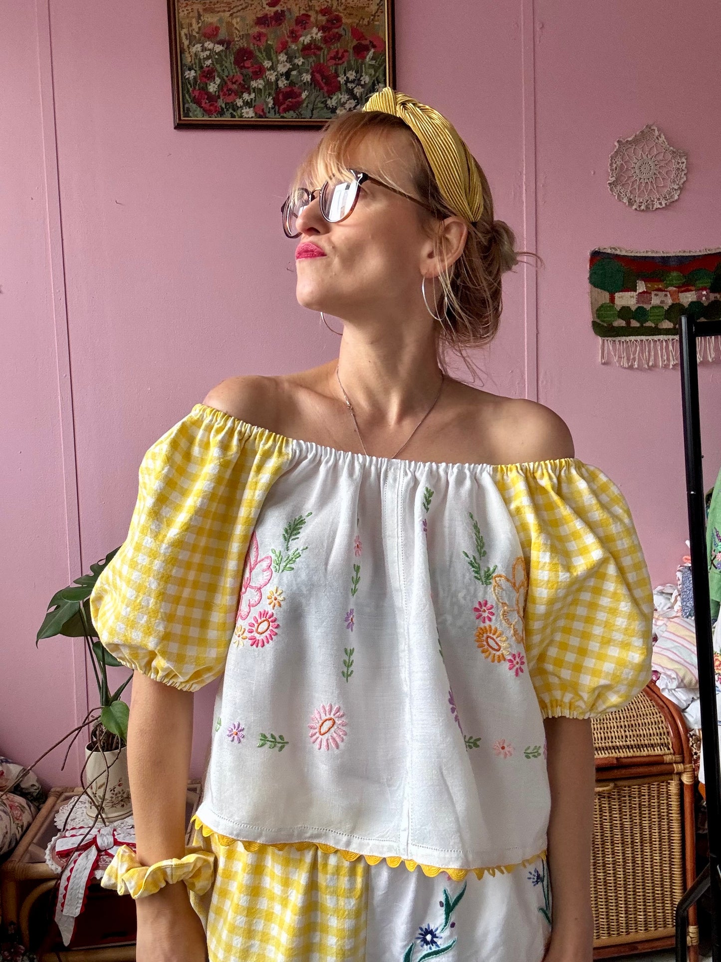 Yellow gingham and floral top