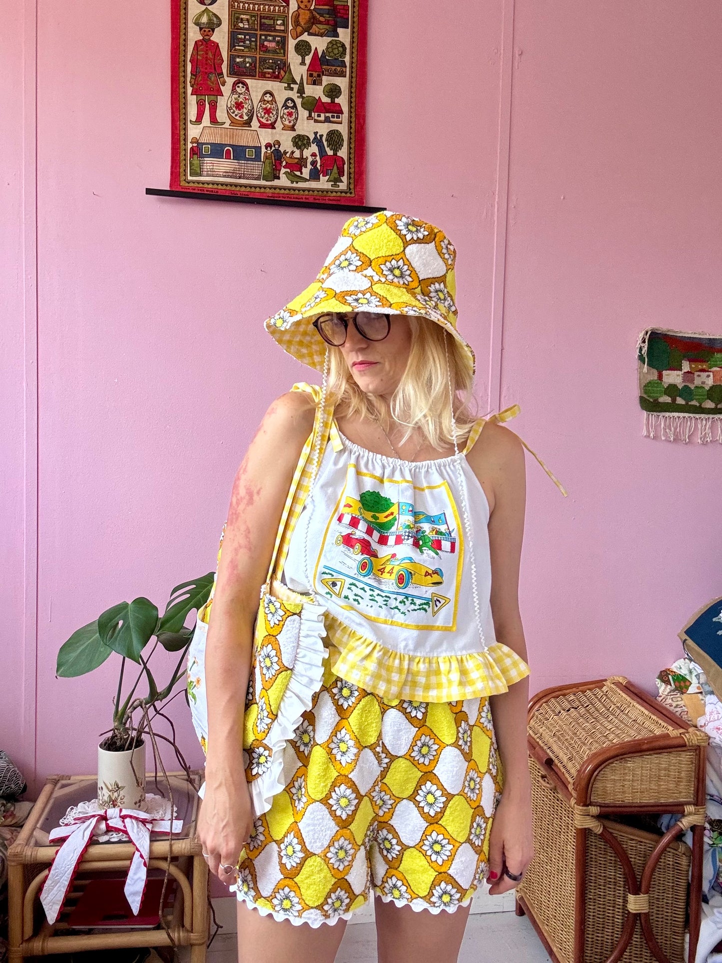 Yellow towel shorts set with bag and bucket hat