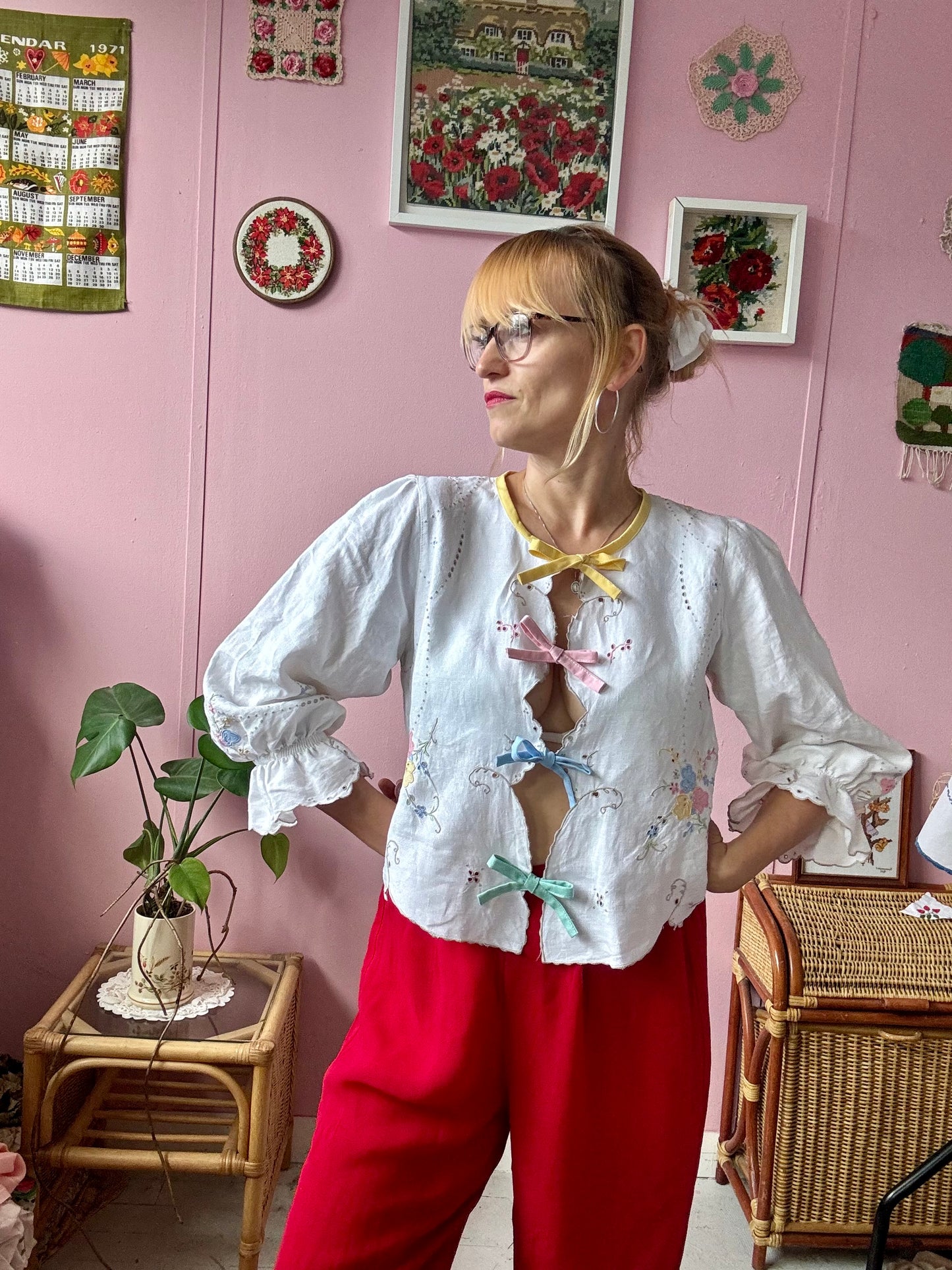 Light linen blouse with Madeira embroidery and rainbow bows