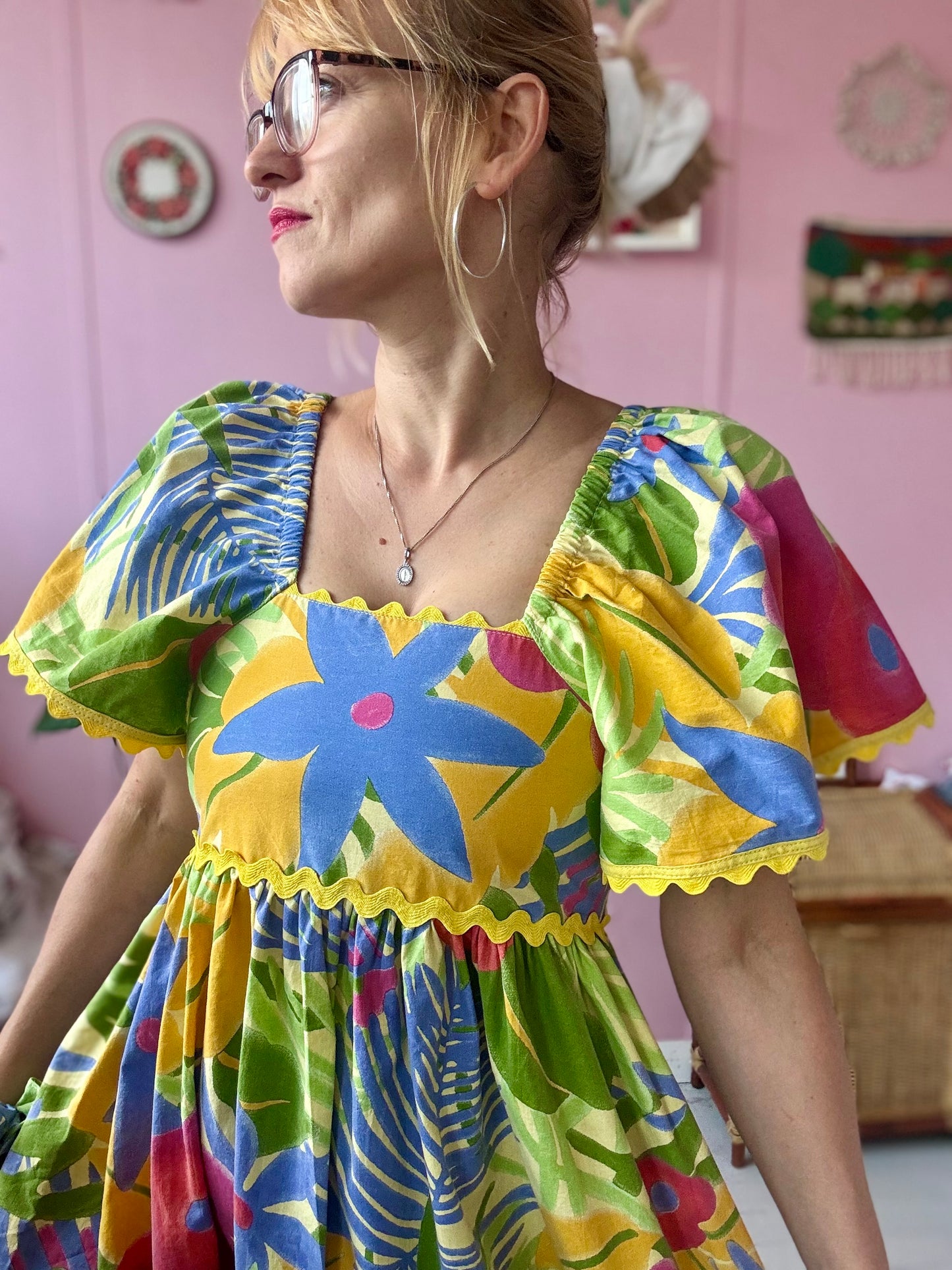 Bright floral print maxi dress with yellow ric rac