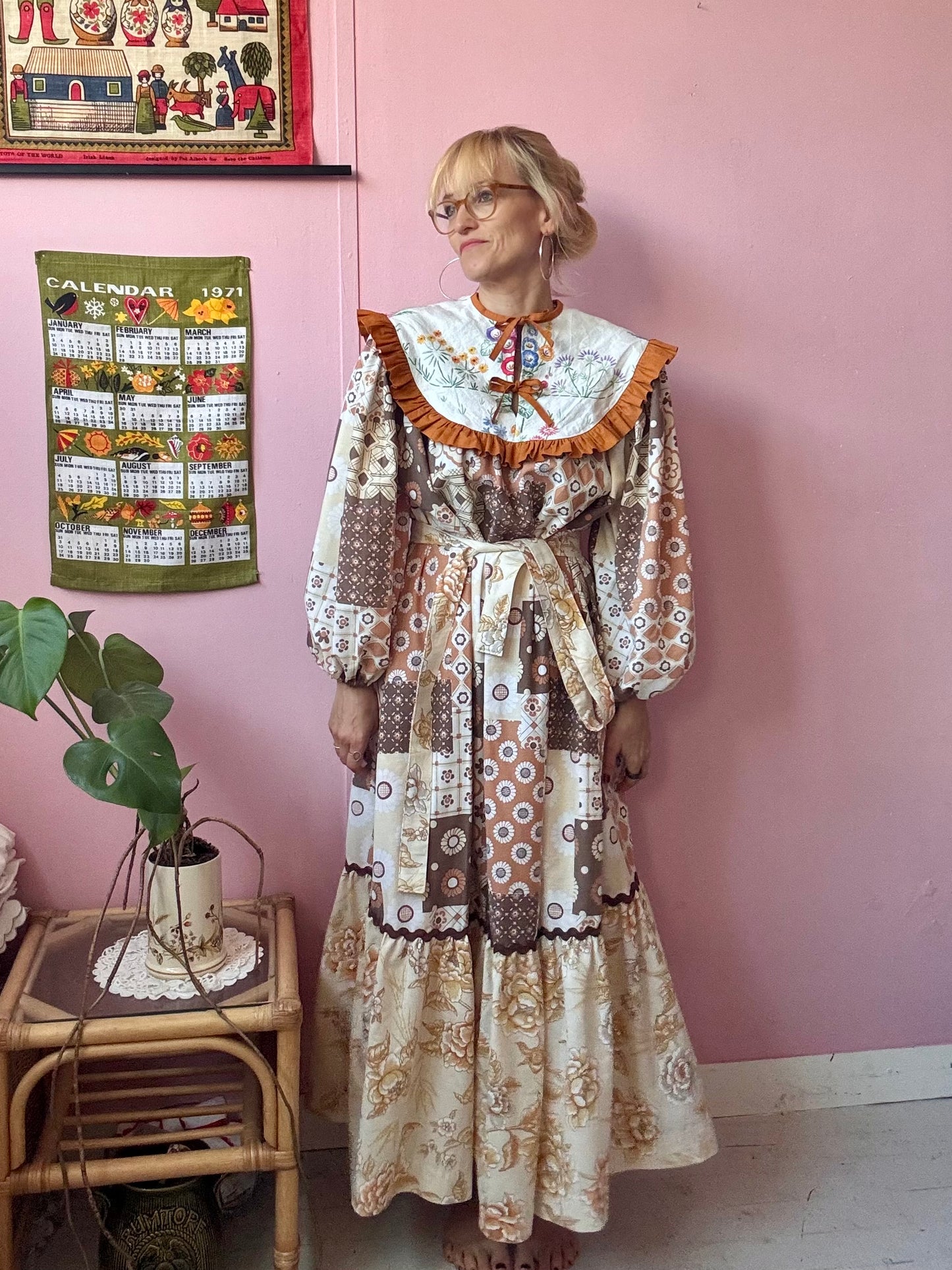 Brown maxi dress with embroidery yoke