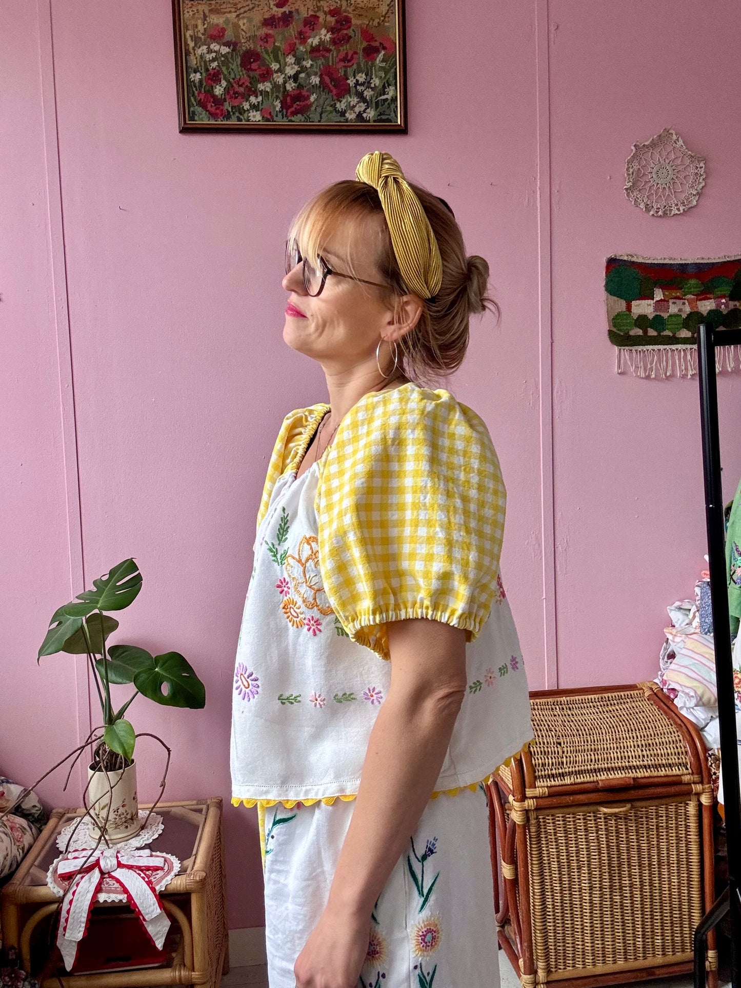 Yellow gingham and floral top
