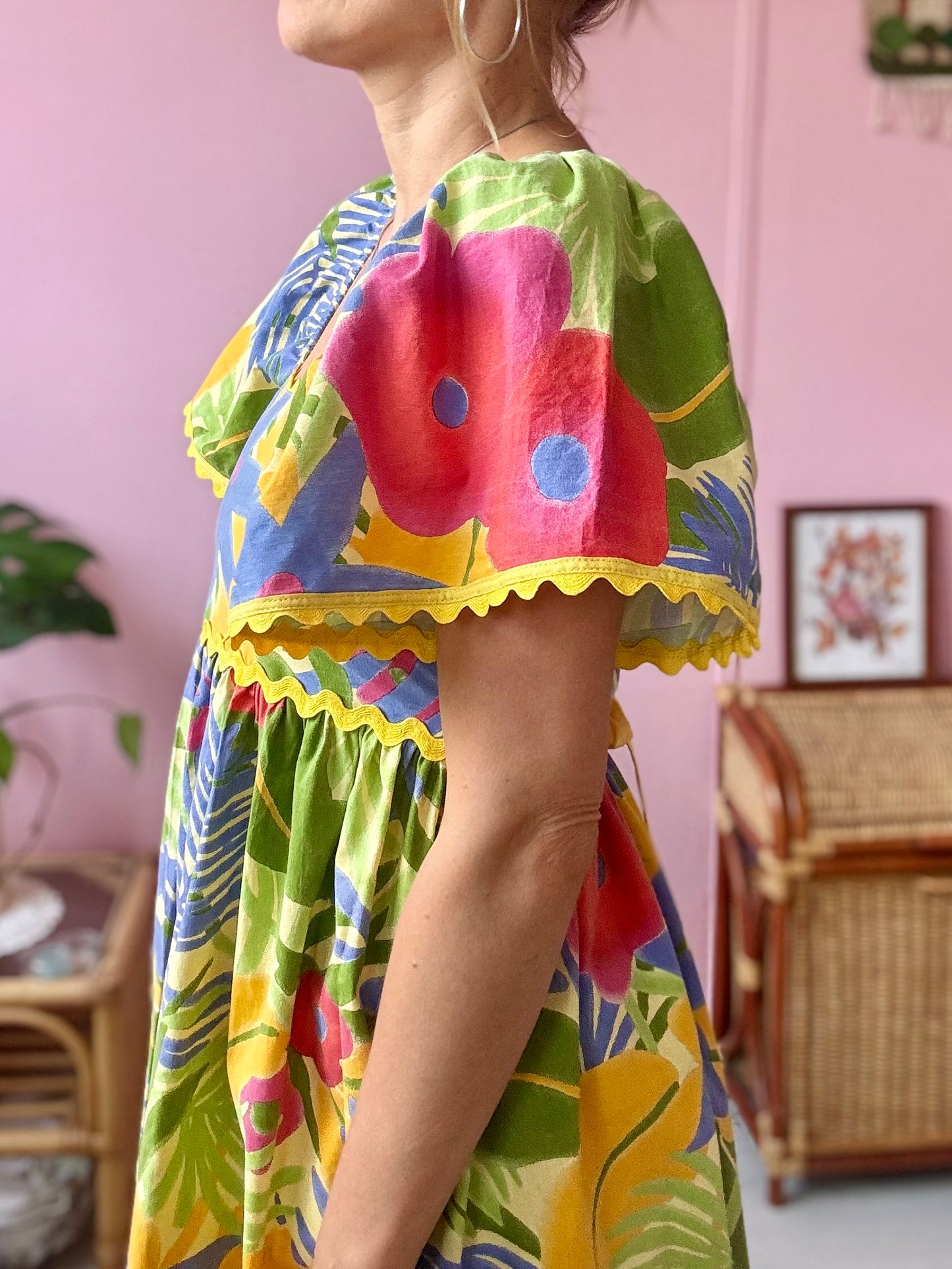 Bright floral print maxi dress with yellow ric rac