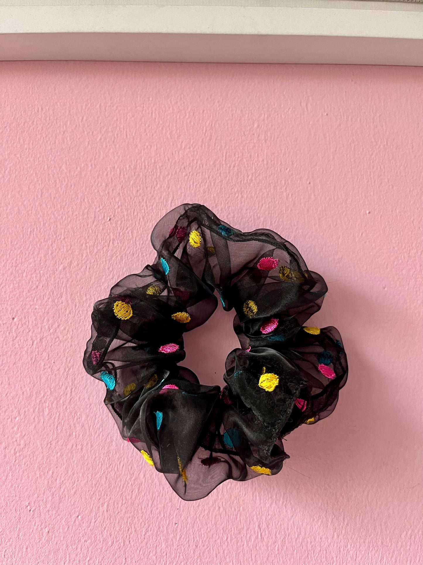 Black chiffon scrunchie with embroidery dots