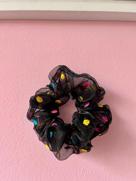 Black chiffon scrunchie with embroidery dots