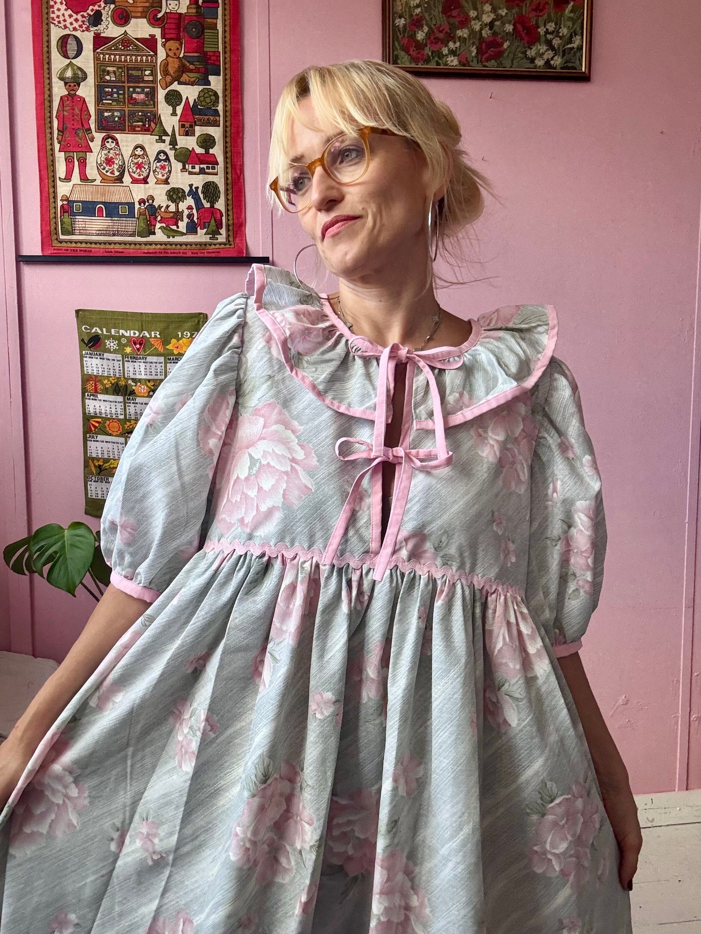 Pink/grey roses maxi dress