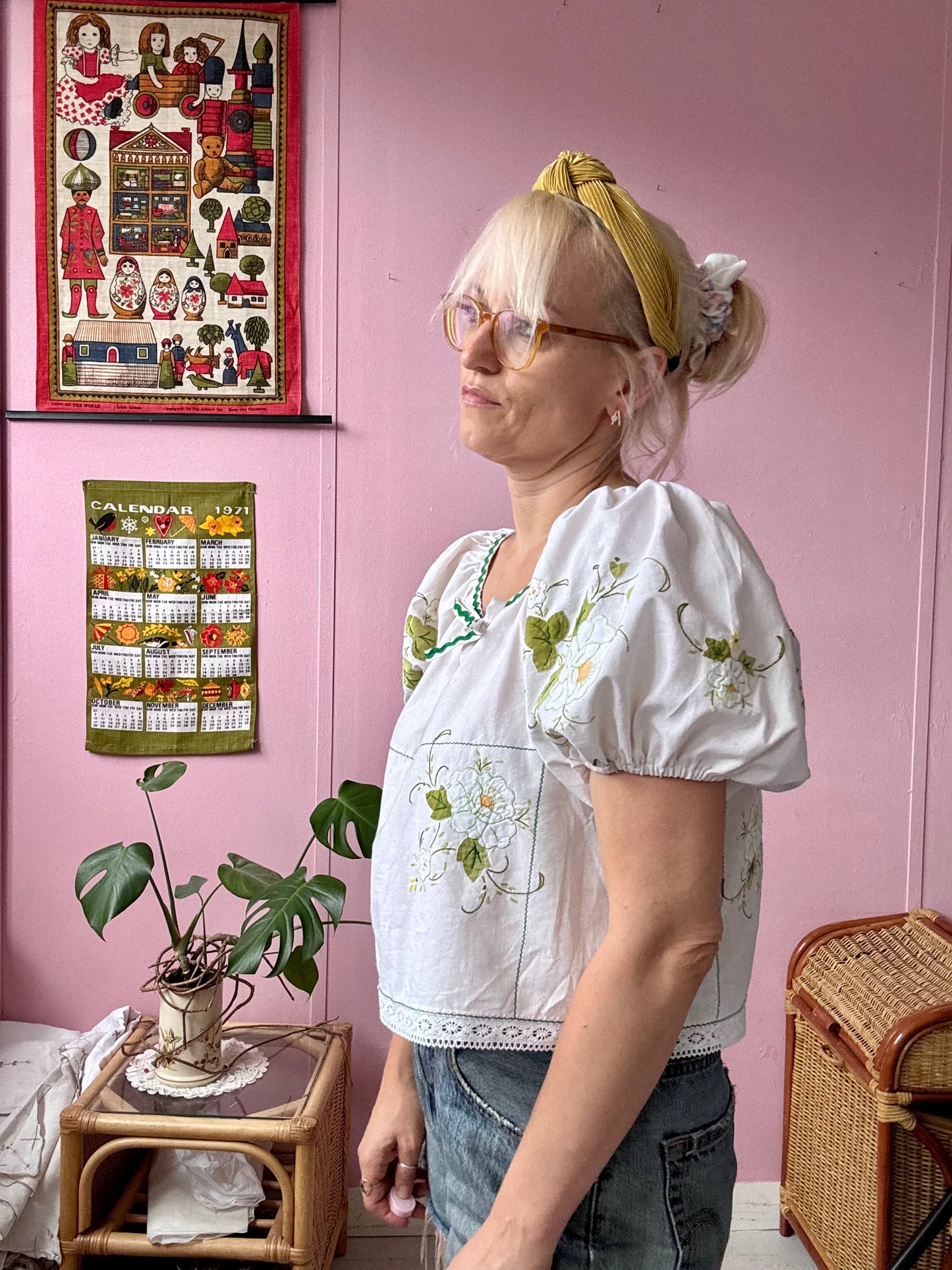 Floral blouse with lace and green ric rac