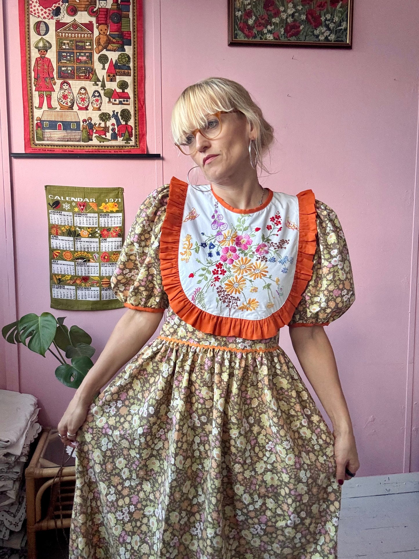 Floral maxi dress with orange frill