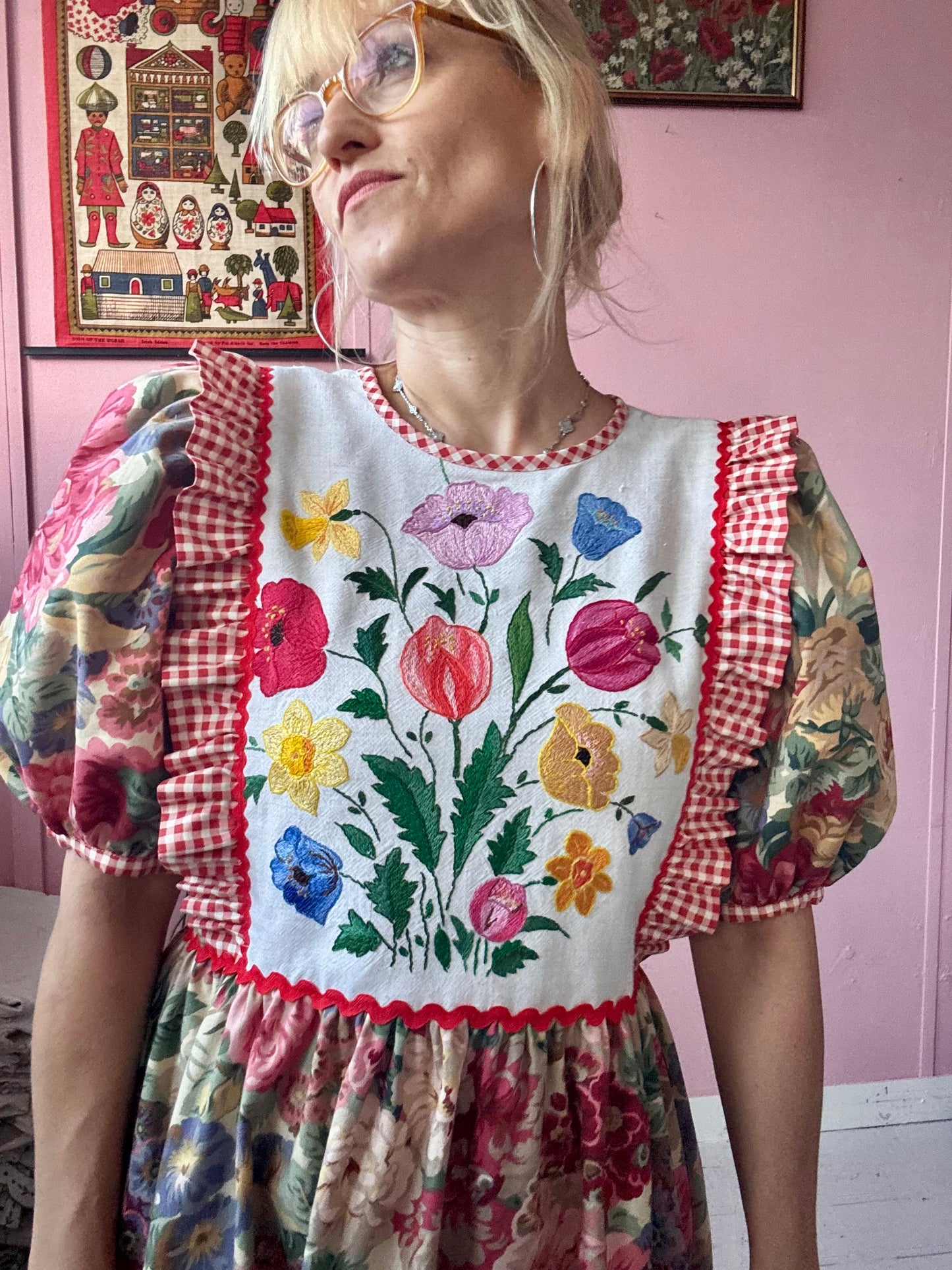 Sanderson print and gingham maxi dress