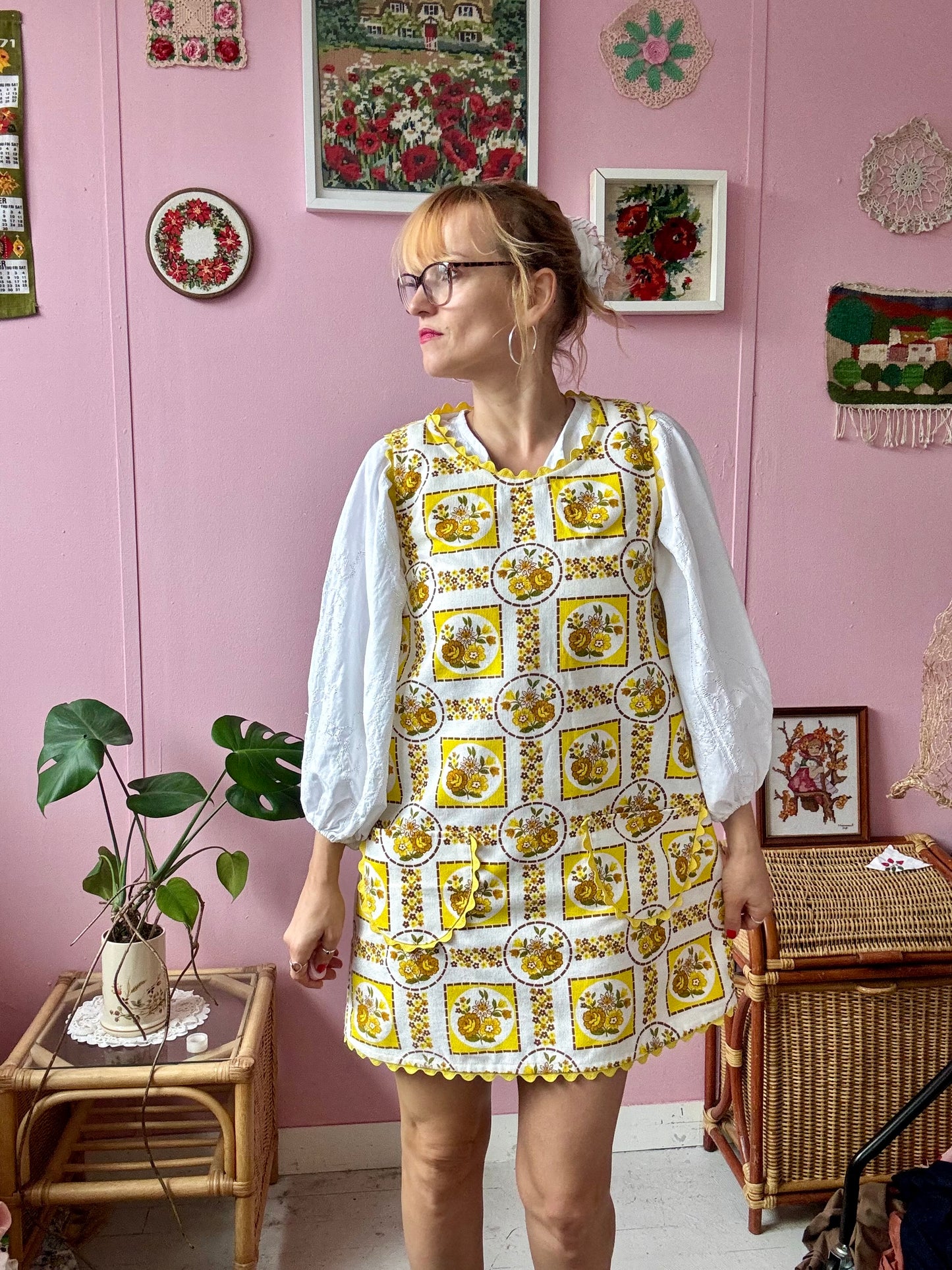 Yellow and brown mini dress with ric rac