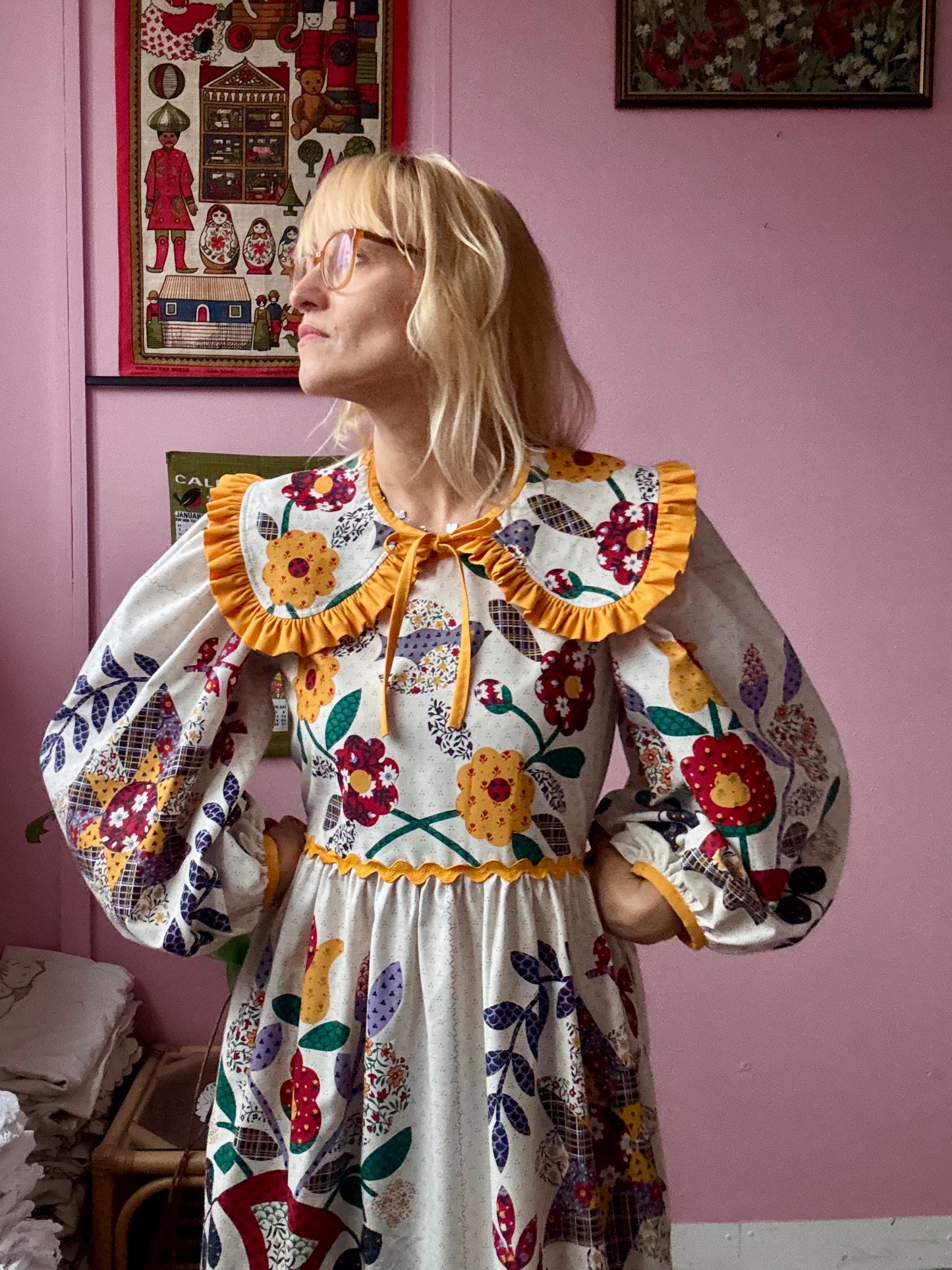 Floral dress with yellow ric rac and detachable collar