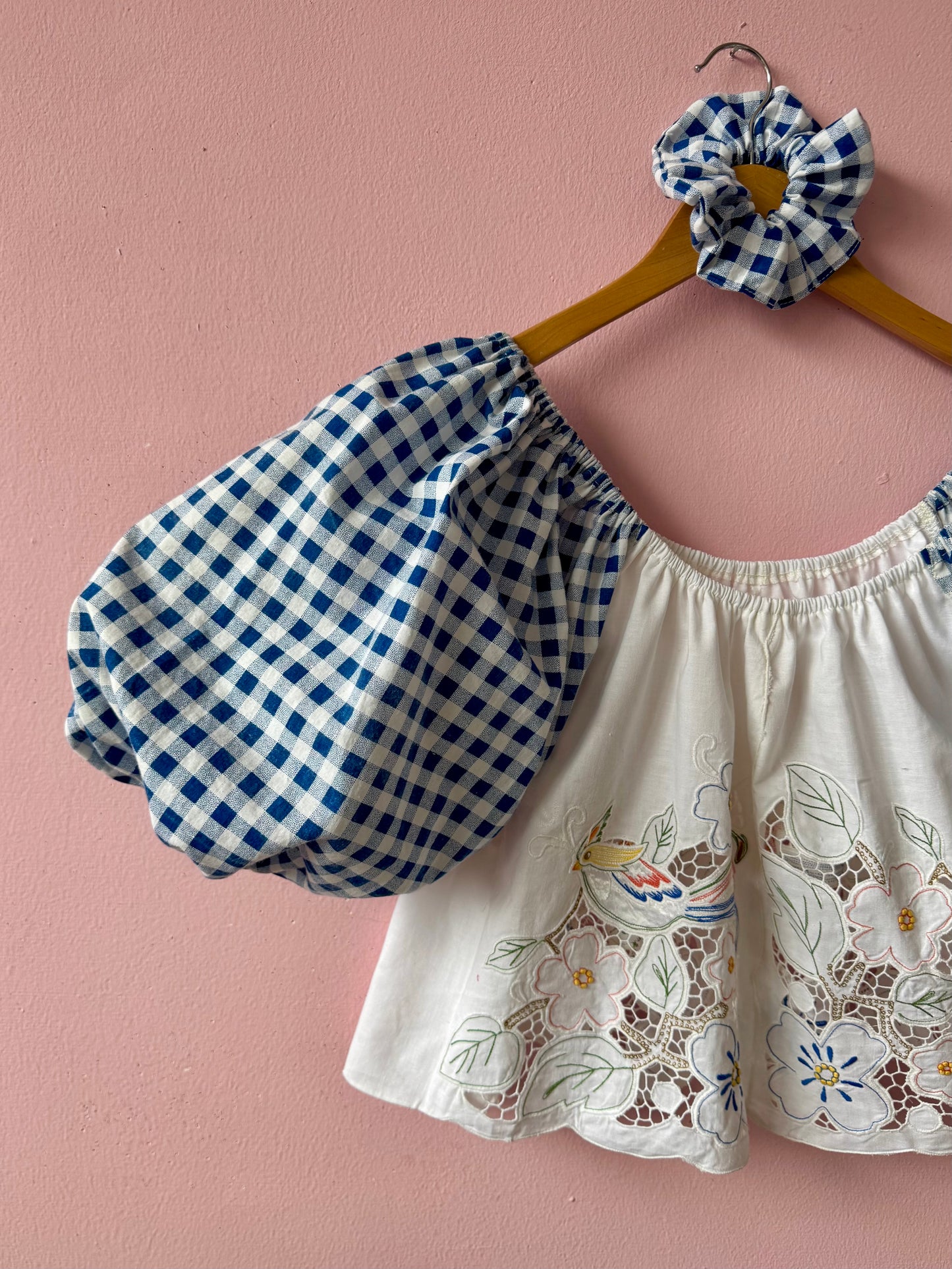 Blue gingham and birds/flowers top