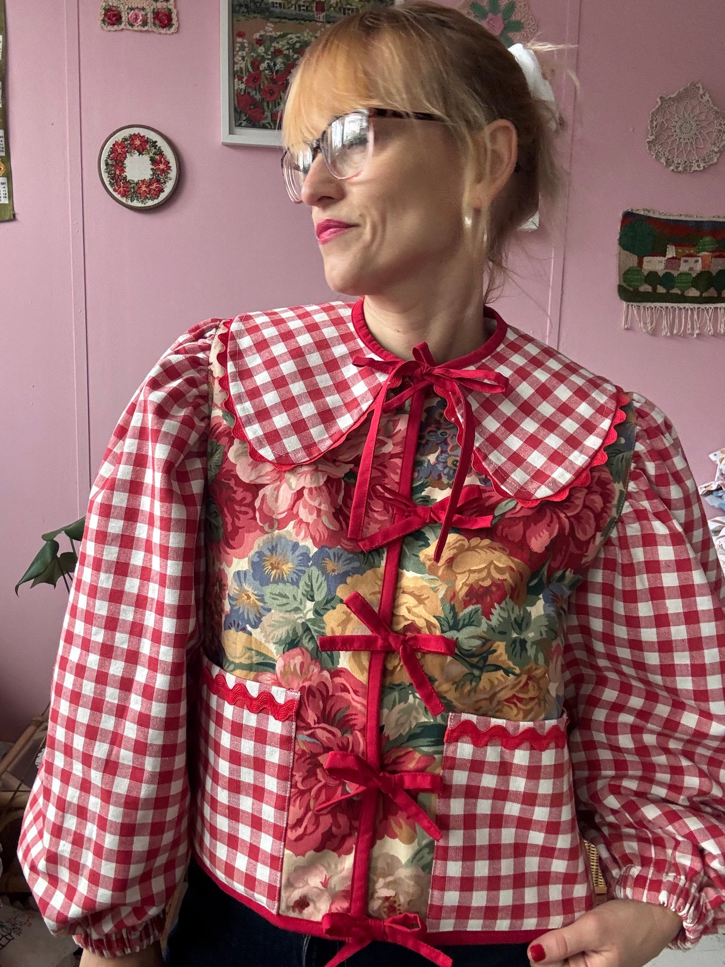 Floral and red gingham jacket
