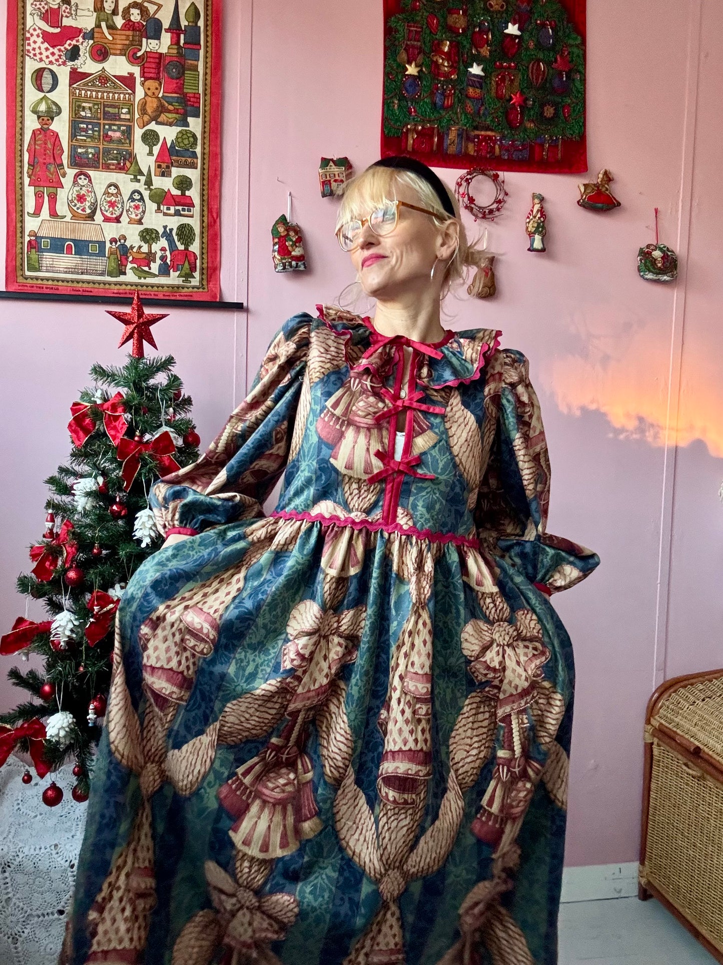 Christmas themed maxi dress with long sleeves and burgundy trims