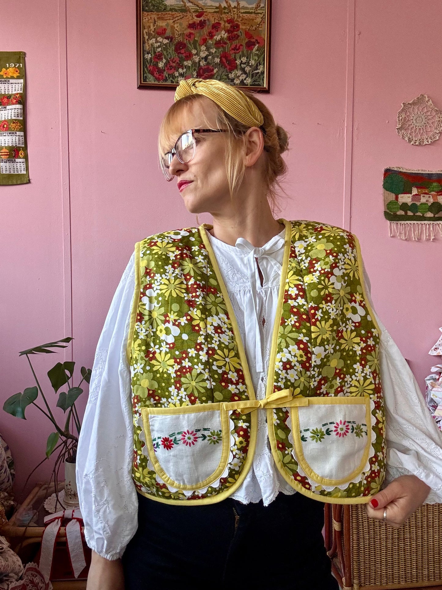 Green floral vest with pockets