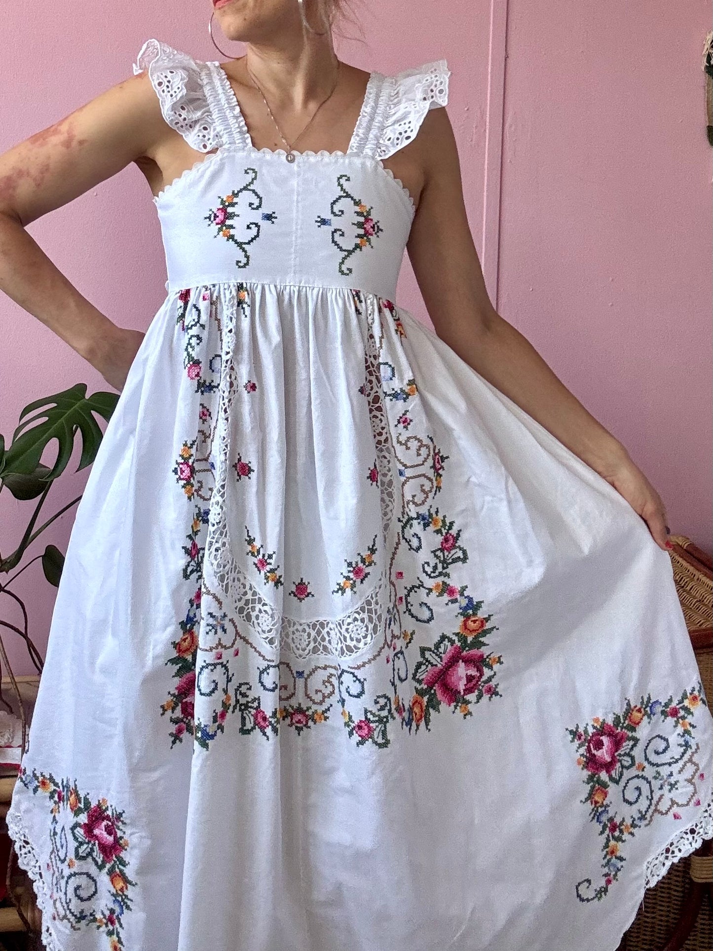 Maxi dress with hand embroidery and elasticated lace straps