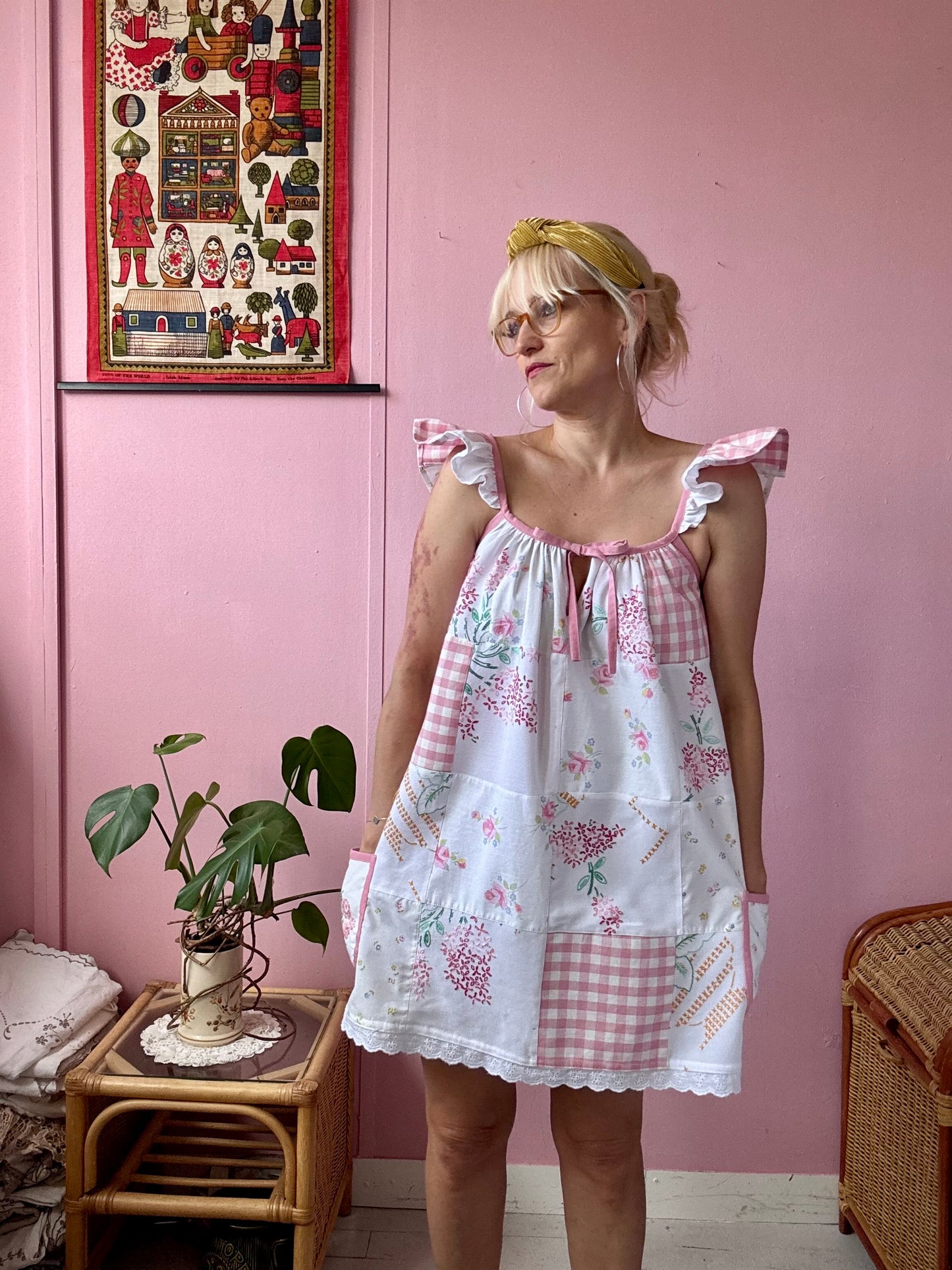 Pink patchwork mini dress