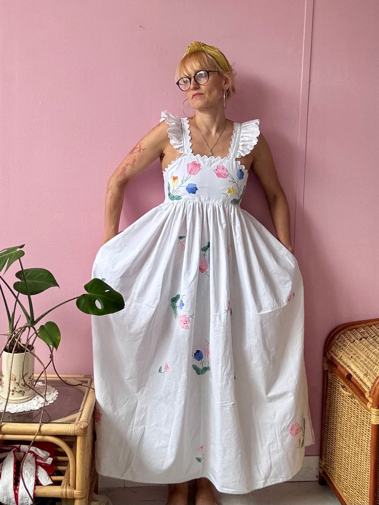 Floral maxi dress made from 2 vintage tablecloths