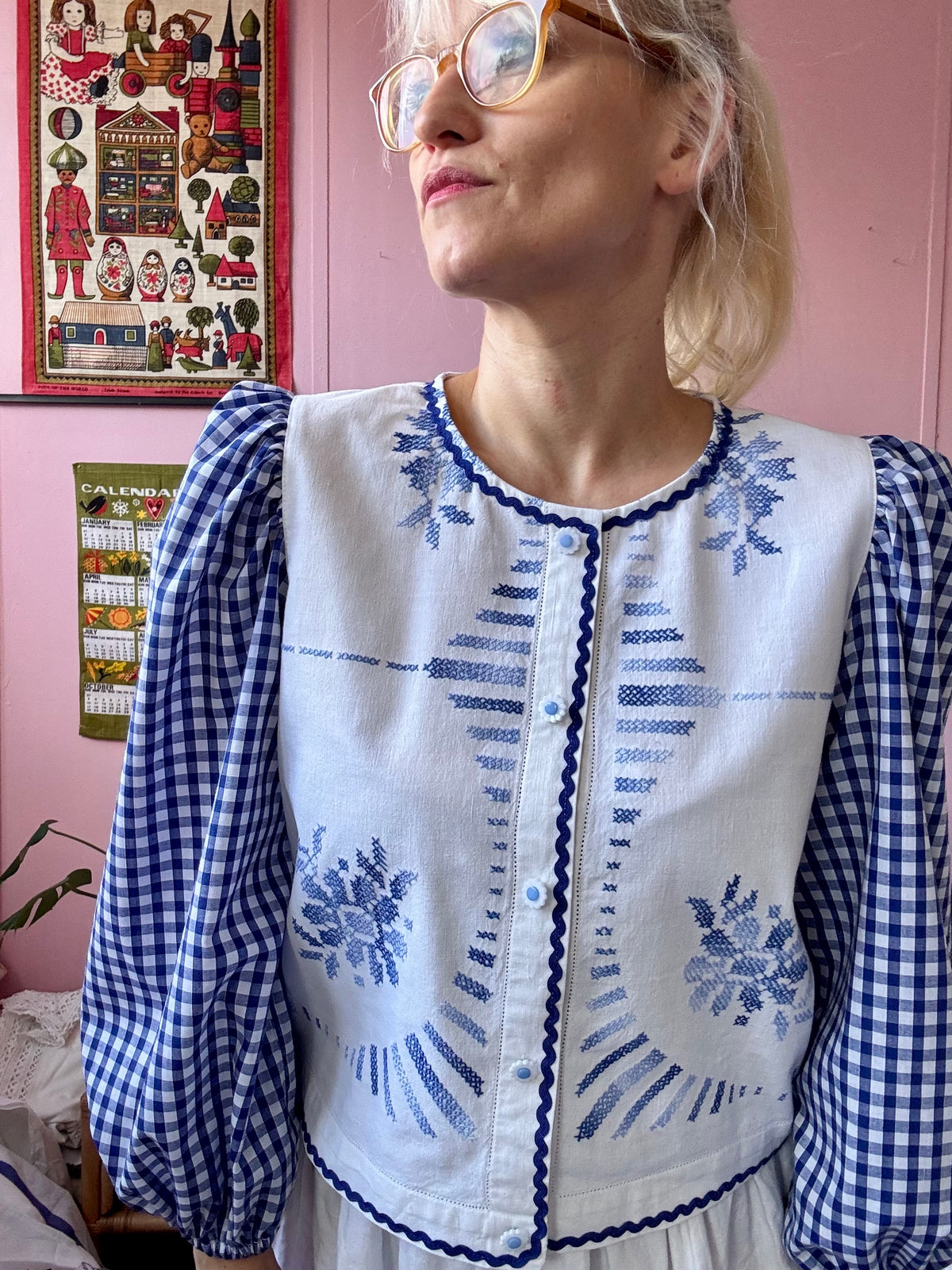 Blue embroidery and gingham blouse