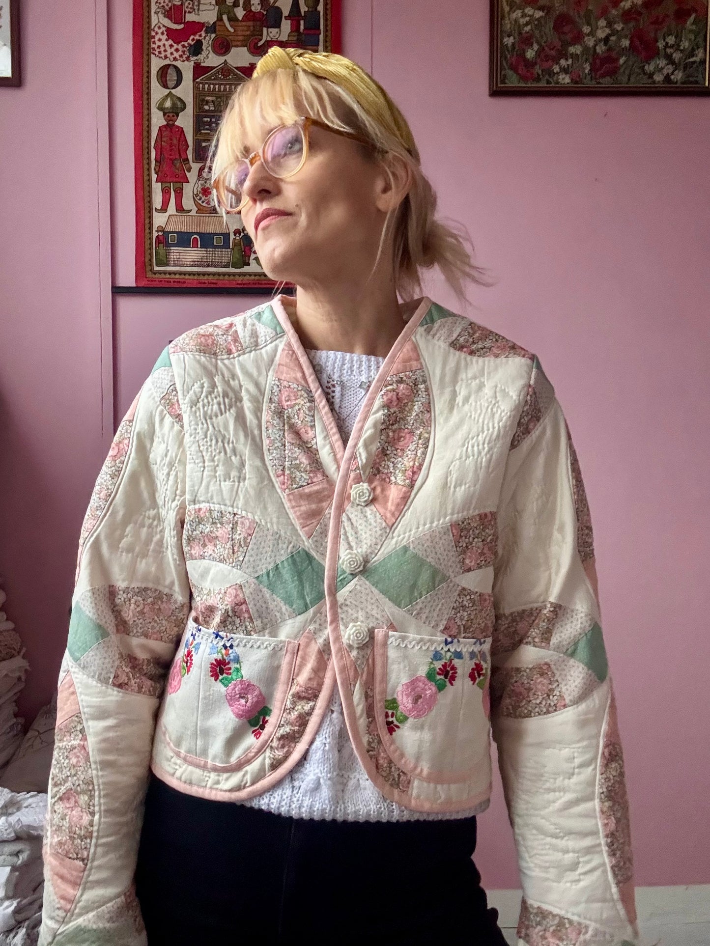 Patchwork jacket with floral pockets