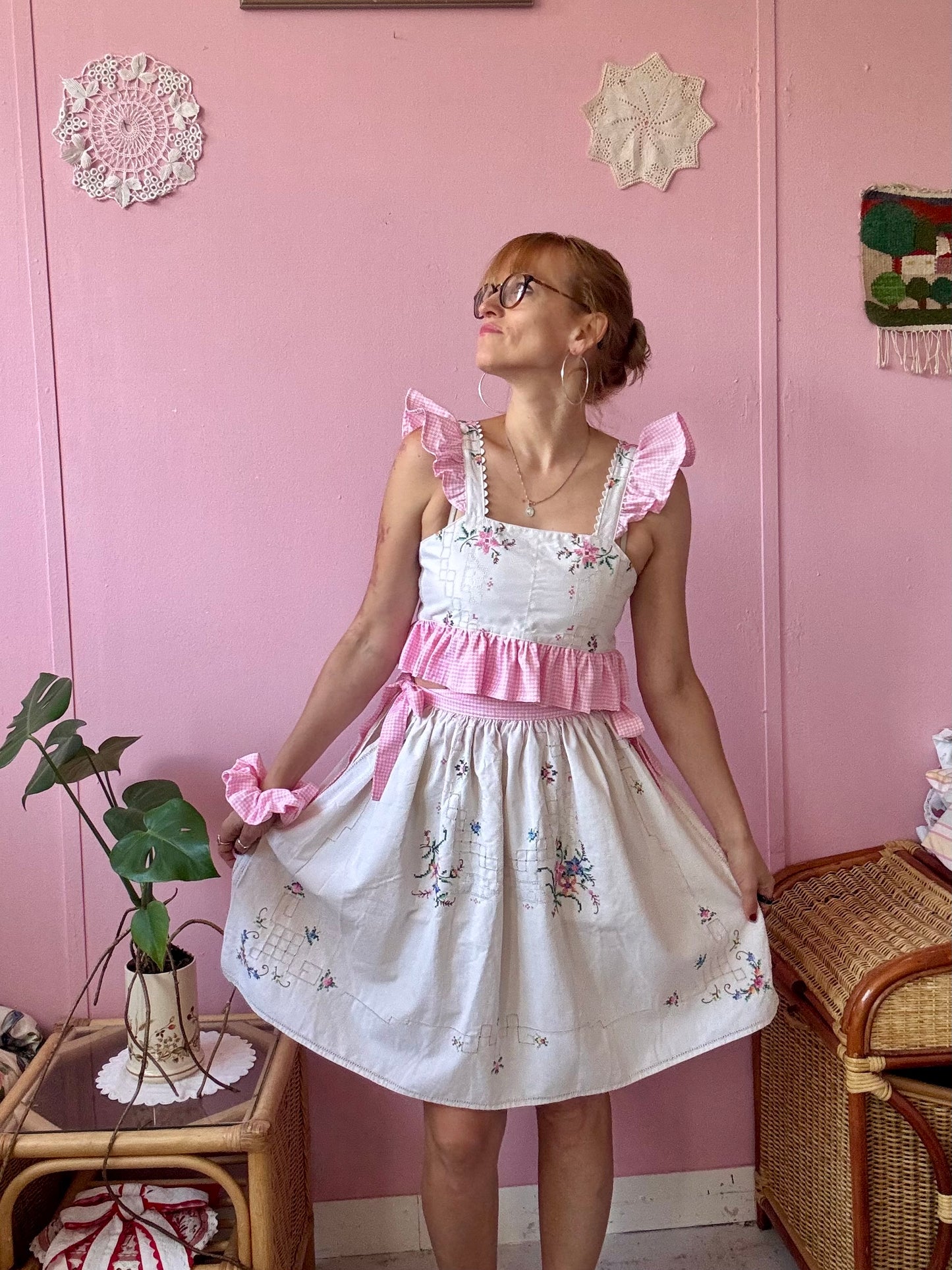 Embroidery and pink gingham set