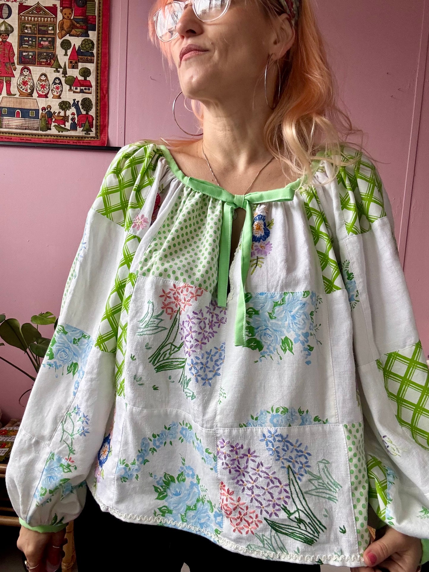 Green patchwork blouse with long sleeves