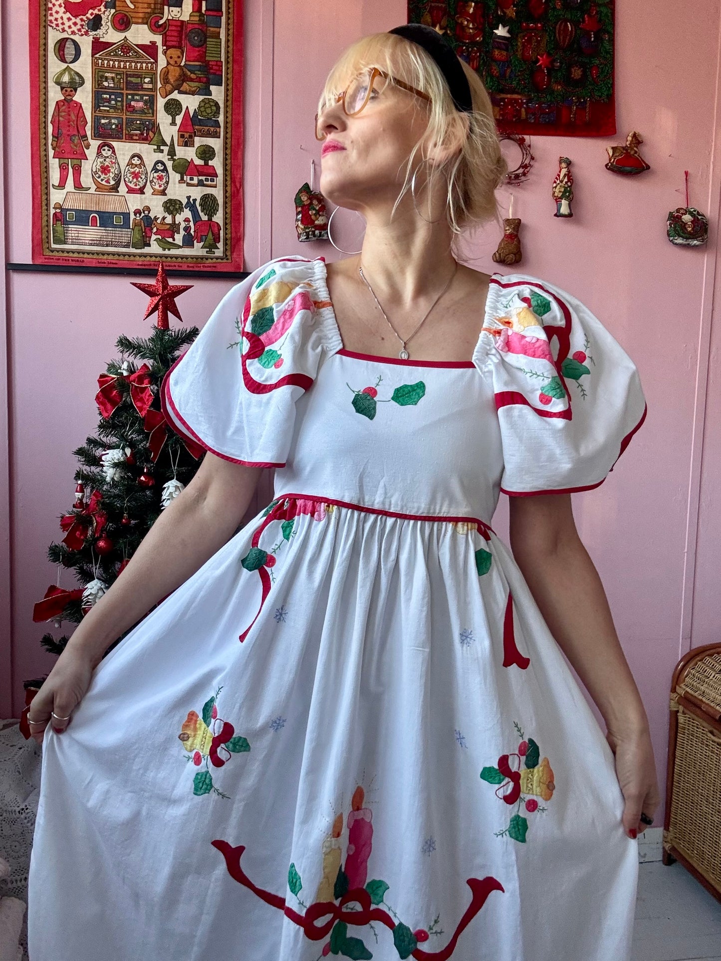 White maxi dress with Christmas applique