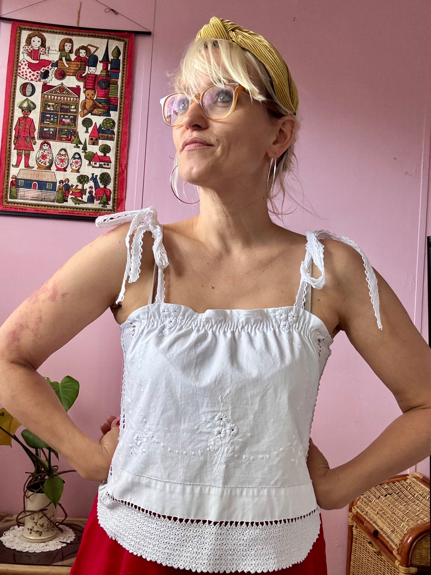 White top with embroidery and lace