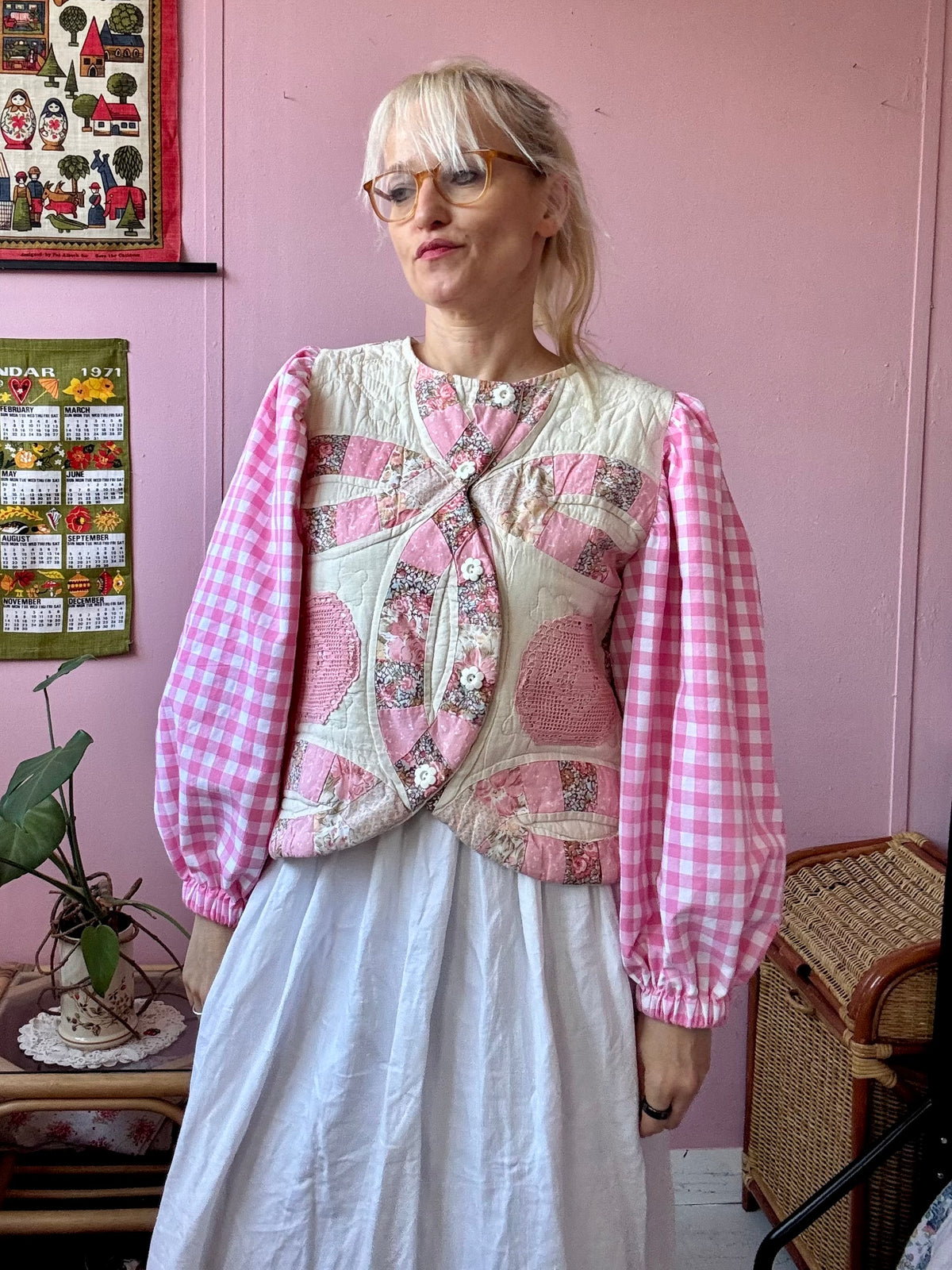Patchwork jacket with gingham sleeves
