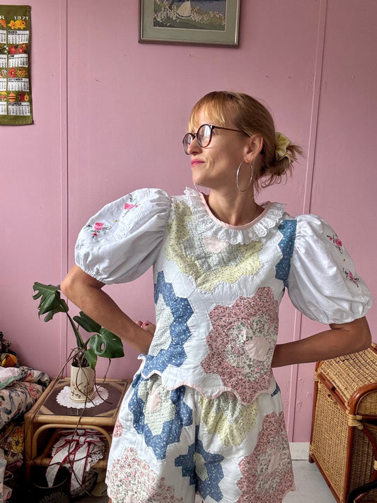 Patchwork top with puffy sleeves