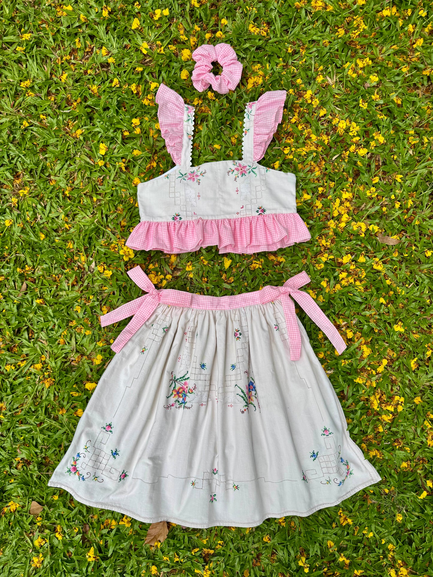 Embroidery and pink gingham set