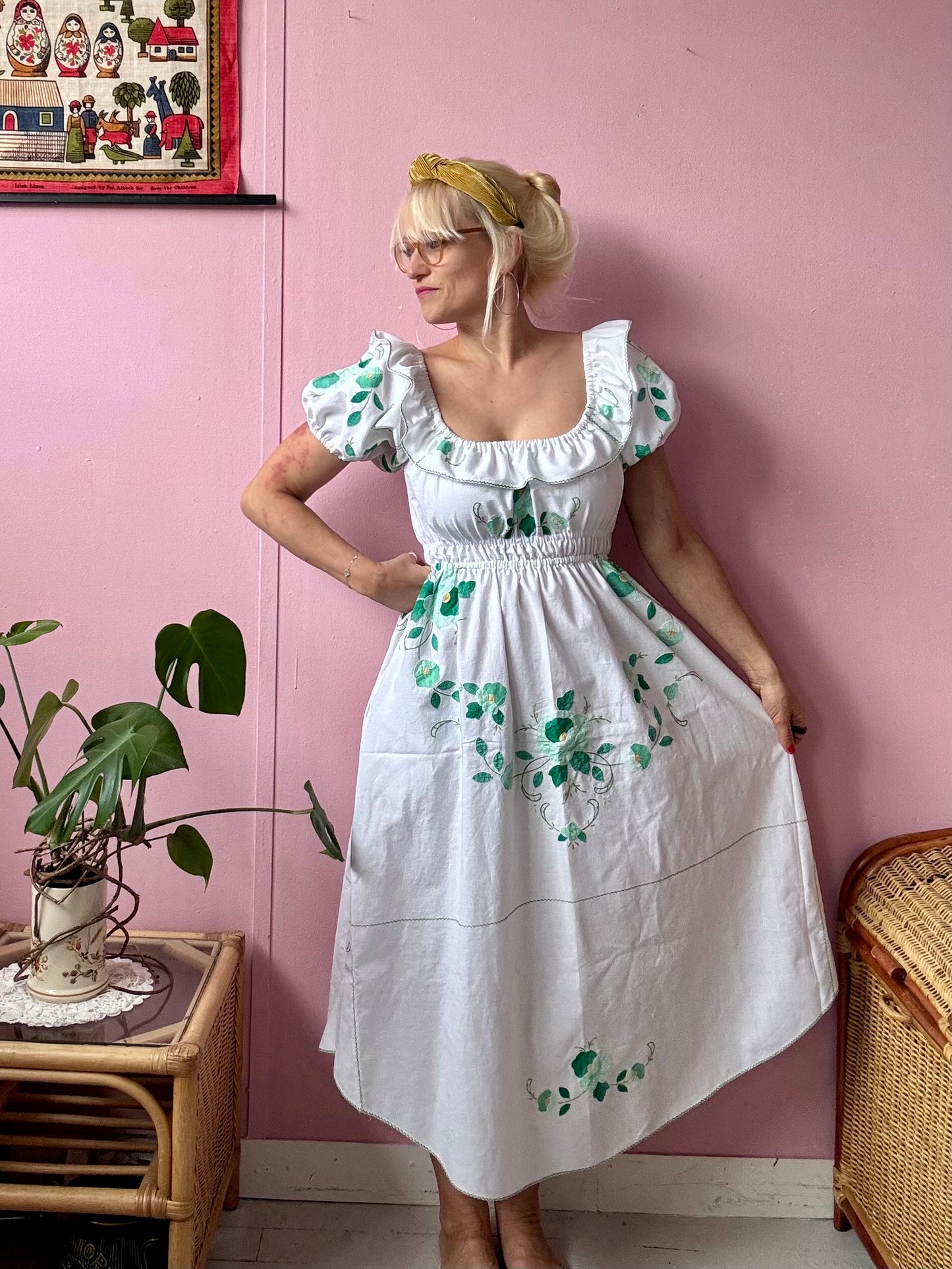 White/green floral appliqués dress