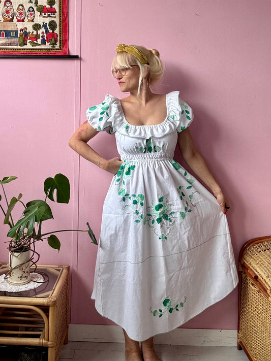 White/green floral appliqués dress