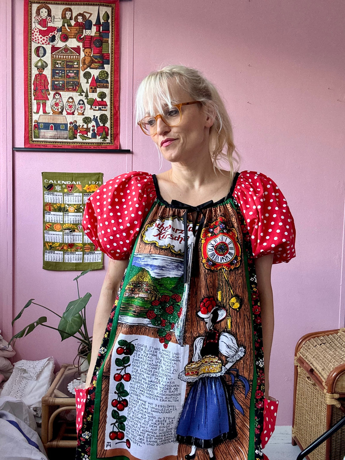 Vintage teatowel and polka dots short dress