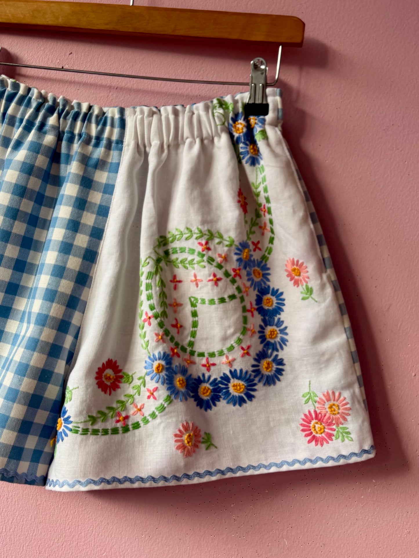 Blue gingham and embroidery shorts